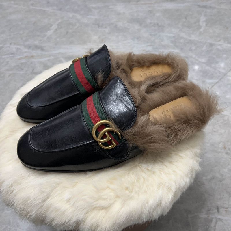 Gucci Princetown Black Fur Slide Slippers for Men 0079