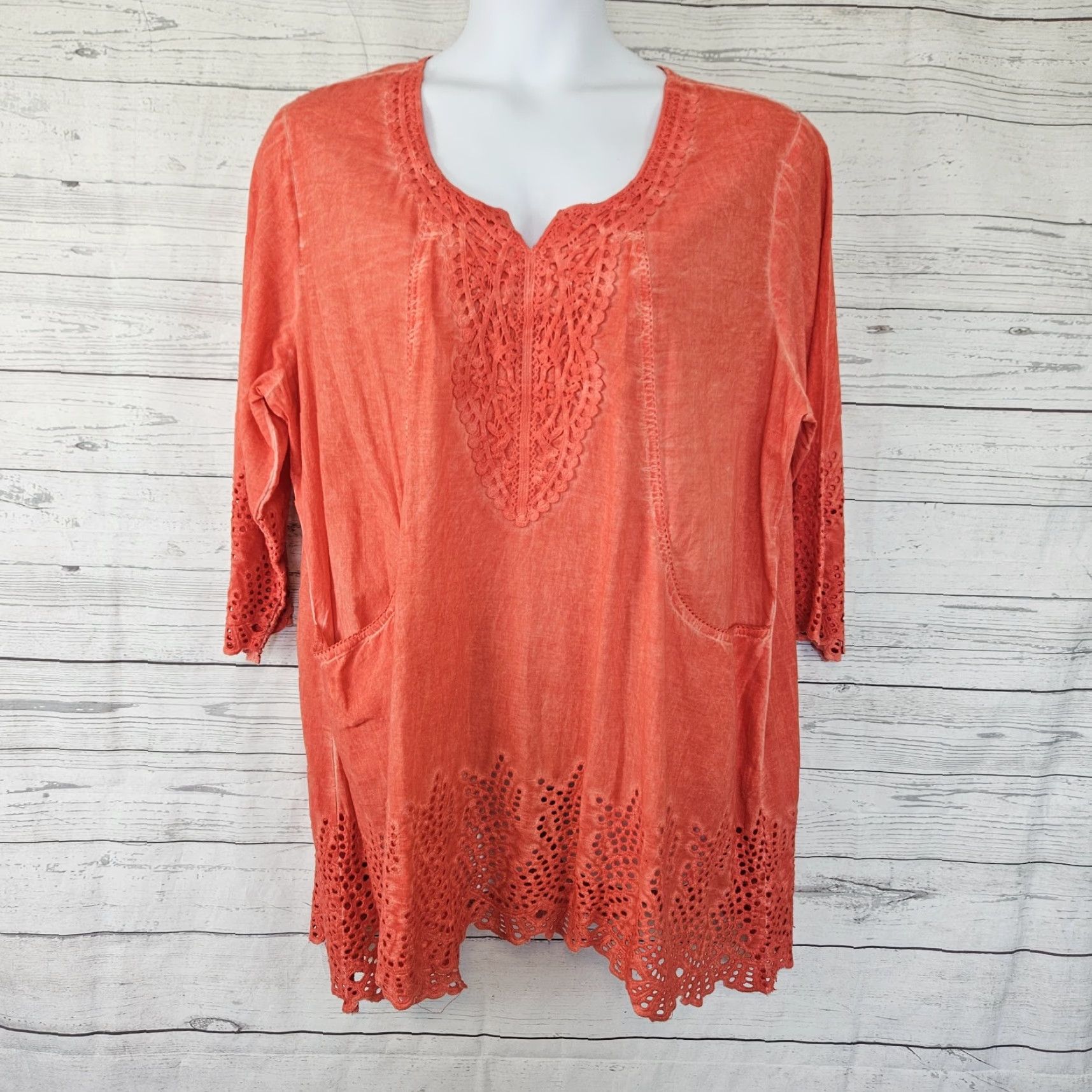 Vintage Parsley & Sage Womens Tunic Shirt 3X Orange Eyelet 3/4 Sleeve Cotton Womens Size XXL / US 16-18 / IT 52-54 - 2 Thumbnail