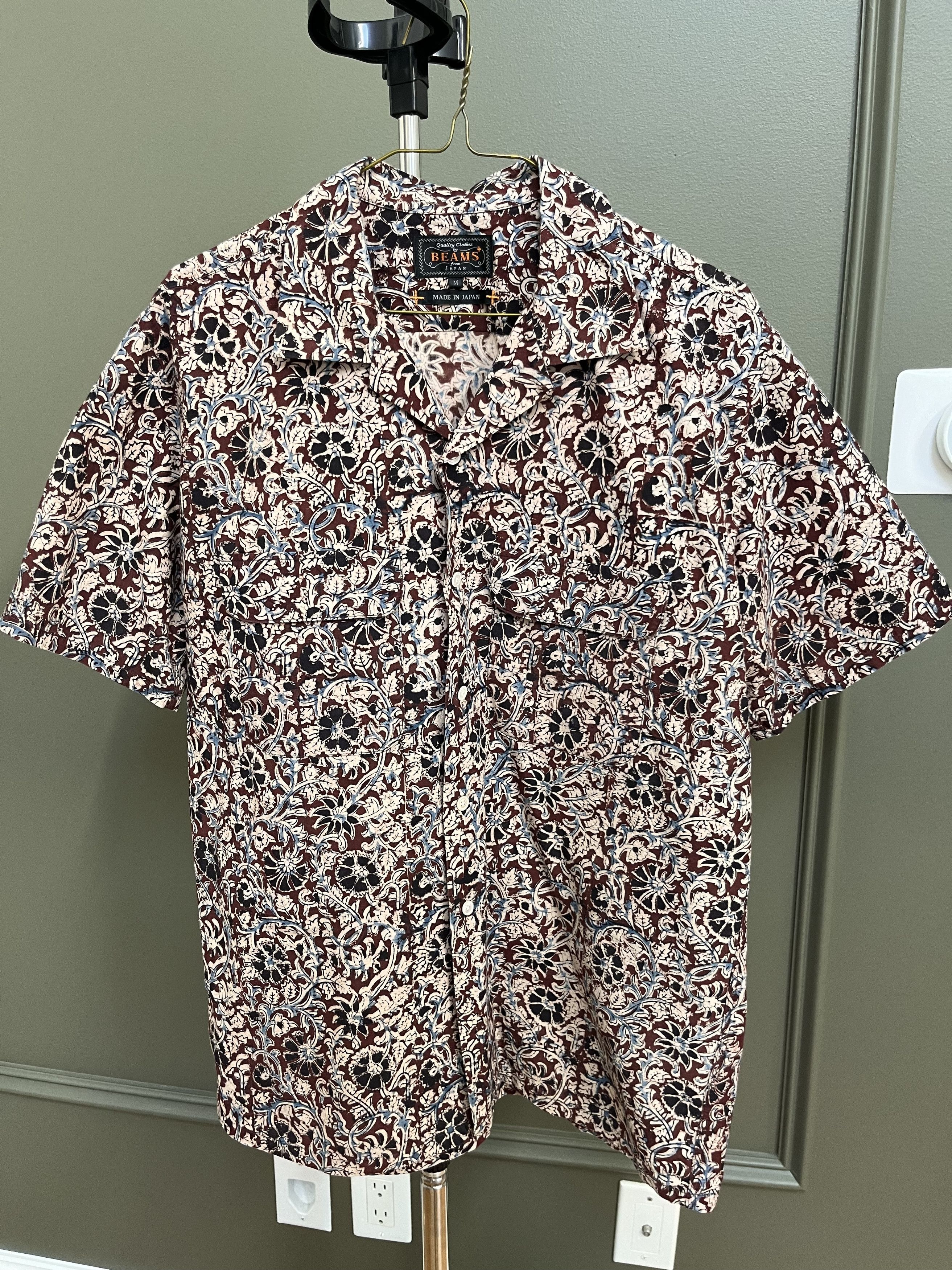 image of Beams Plus Camp Collar Shirt in Red/Navy Floral, Men's (Size Medium)
