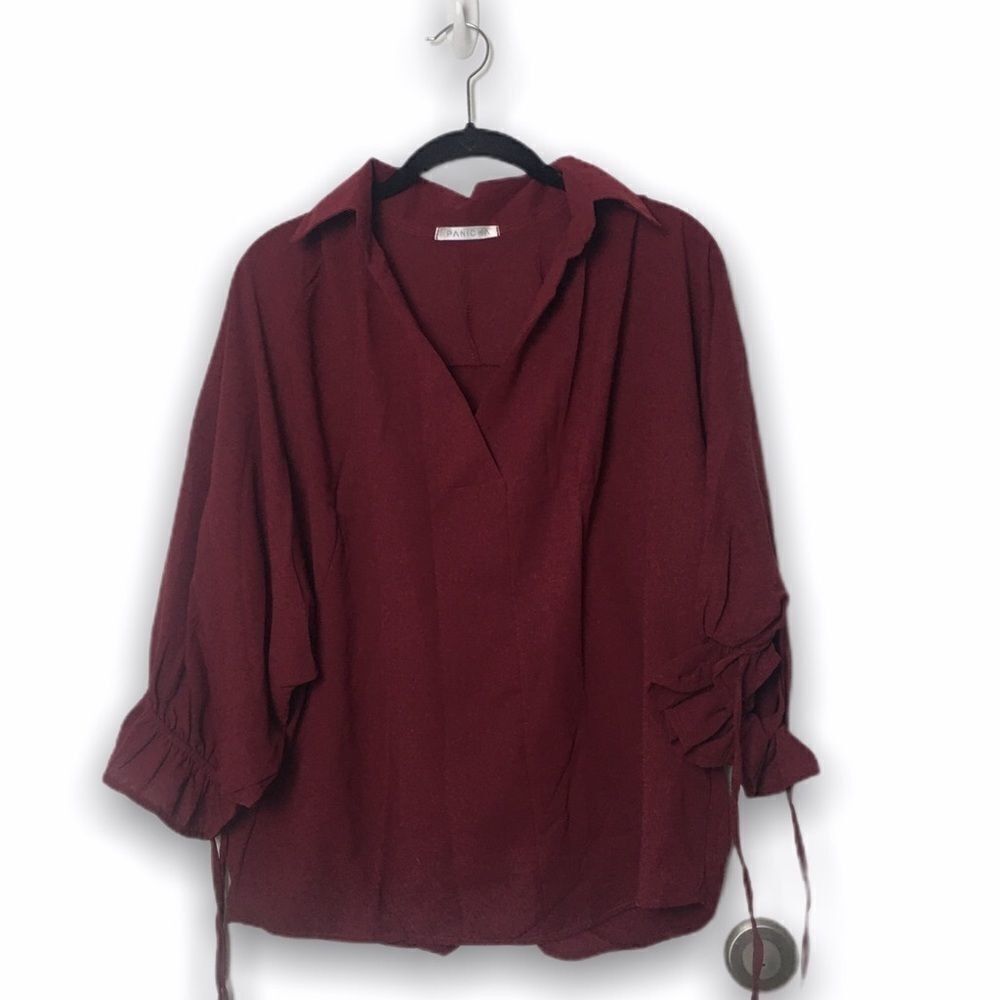 Other Panicha Wine Red Loose Fit Blouse with Tie Sleeves | One Siz Size ONE SIZE - 2 Thumbnail
