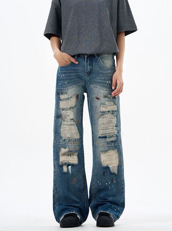 Vintage Ripped ink-splashed American street baggy loose jeans Size US 32 / EU 48 - 1 Thumbnail