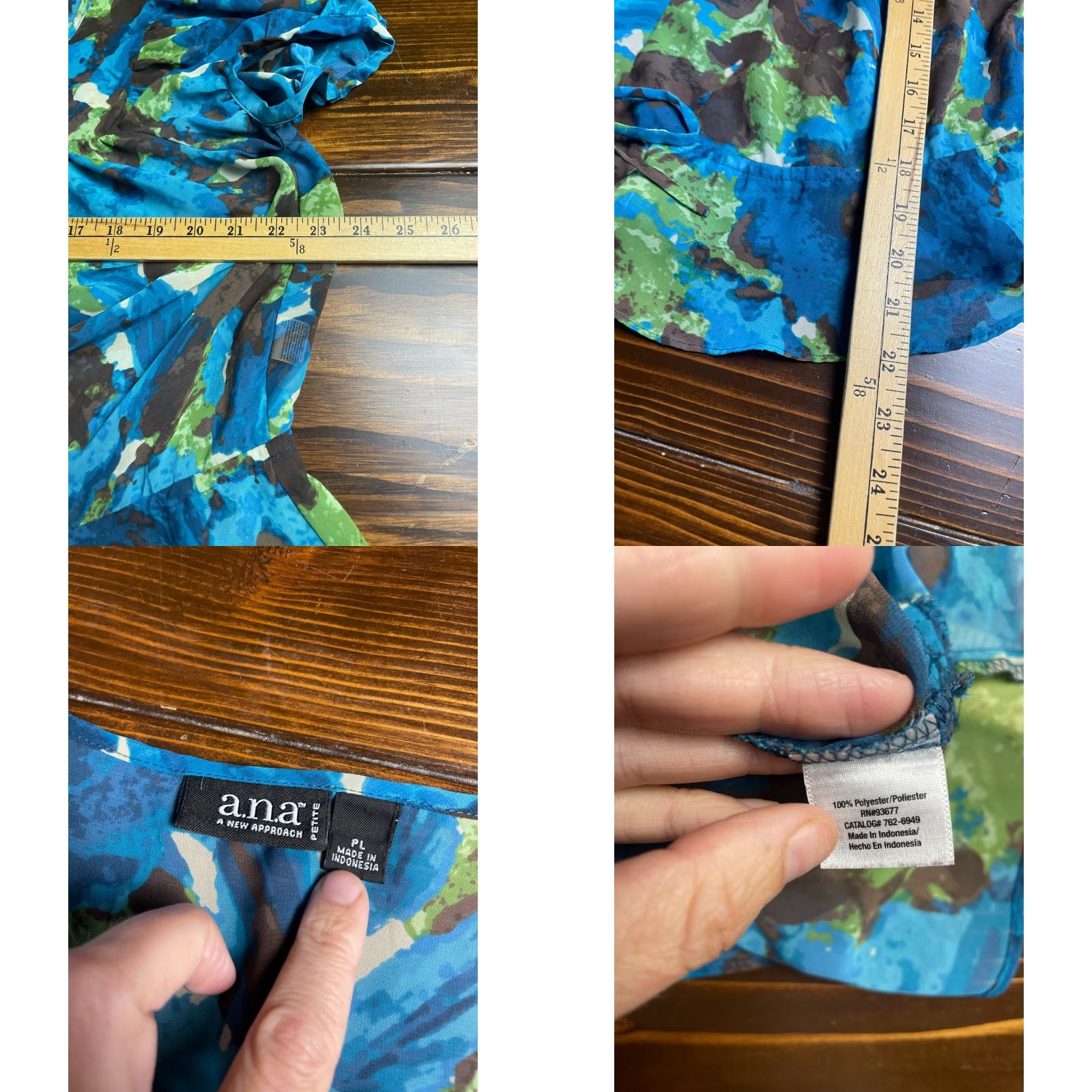 Vintage A.N.A Shirt Women Petite Large Blue Green Brown Semi Sheer Ruffle T-Shirt Boat Neck Short Sleeve Casual Fall Spring Summer Modern Womens Size L / US 10 / IT 46 - 8 Thumbnail