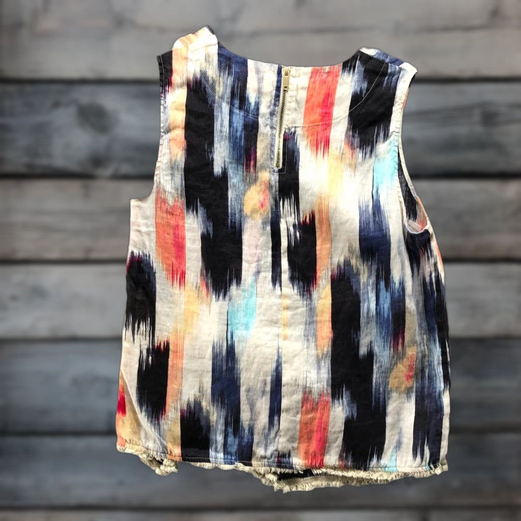 DKNY DKNY 100% Linen Sleeveless Top Womens S Tank Ikat Multicolor Frayed Asymmetric Size S / US 4 / IT 40 - 1 Thumbnail