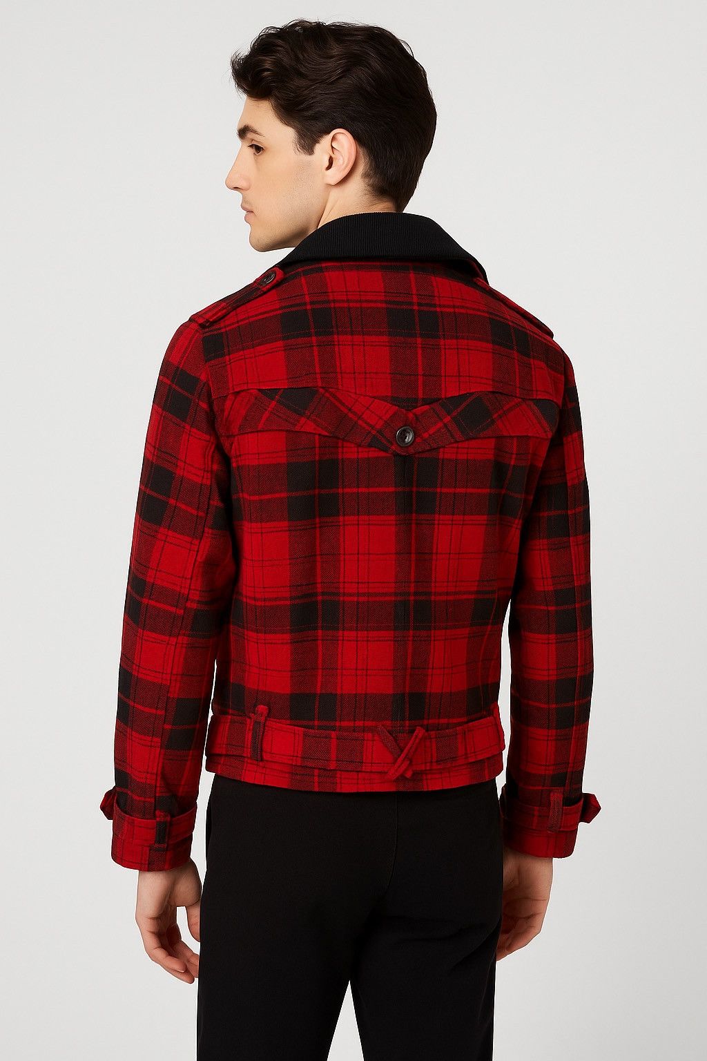 Japanese Brand Vintage 90s Play-Play-Play Red Black Plaid Wool Biker Jacket Size US M / EU 48-50 / 2 - 2 Thumbnail