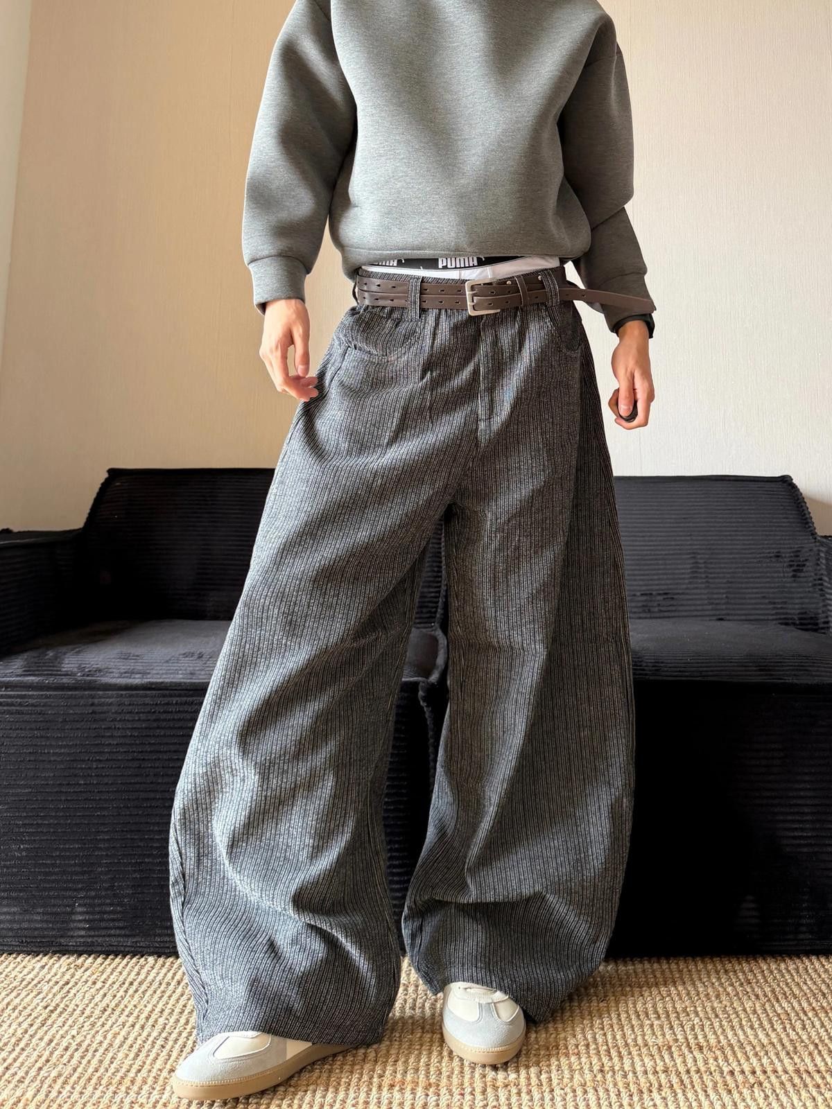 Vintage Gray Pinstripe Wide Leg Pants, Baggy High Waist Trousers Size US 28 / EU 44 - 3 Thumbnail
