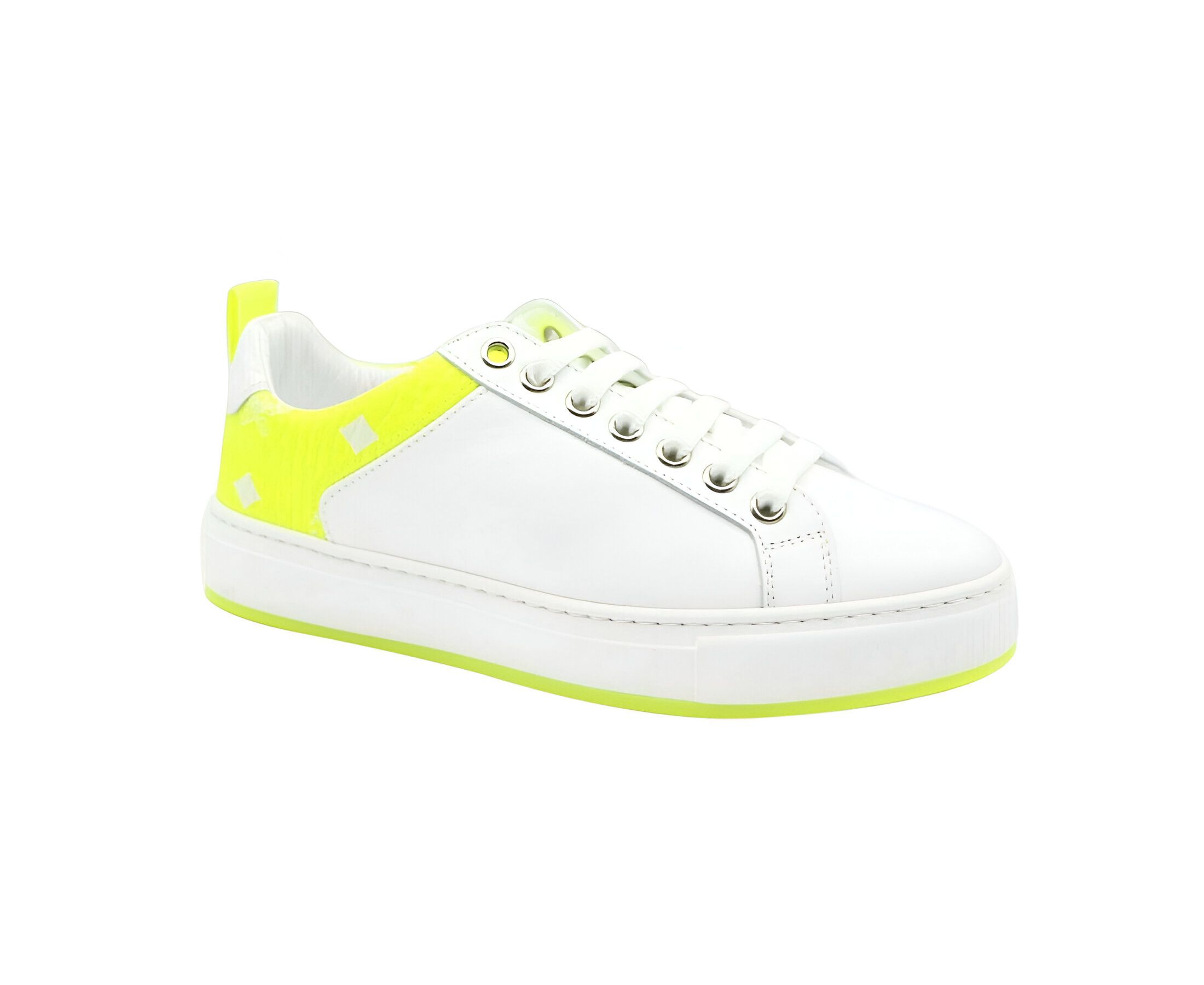 Women's White Leather Neon Green Logo Trim Low Top Sneaker