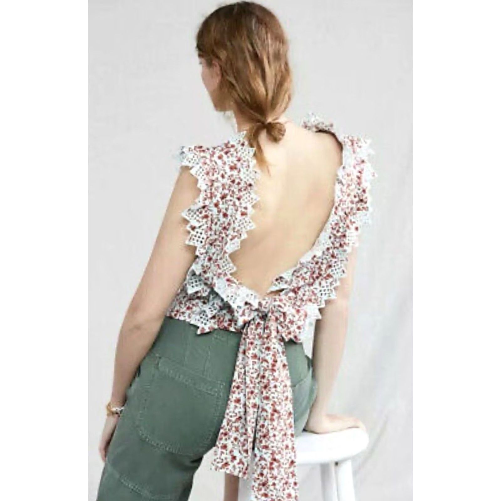 Anthropologie Anthropologie Blouse Multicolor Floral Eyelet Sleeveless Trina Back Bow Square Neck Tie Cropped 100% Cotton S/NIB Size S / US 4 / IT 40 - 3 Thumbnail