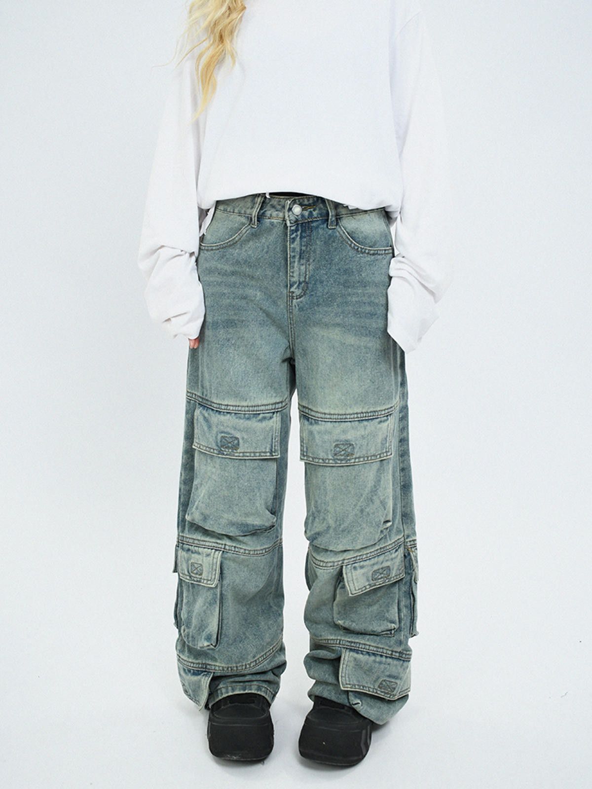 Japanese Brand Multi Pocket Cargo Wide Leg Jeans Size US 32 / EU 48 - 4 Thumbnail