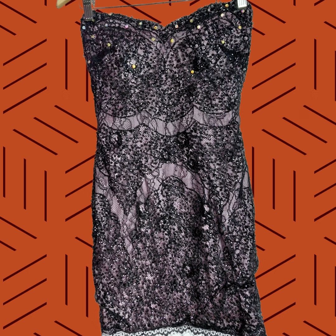 Vintage ALYCE PARIS Black Sequin Lace Strapless Dress Size 4 Short Sleeveless Solid Party/Cocktail Formal Womens Size 27" / US 4 / IT 40 - 1 Thumbnail