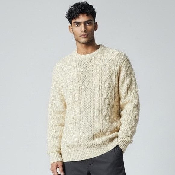 Handmade Hand Knit Cream Fisherman Cable Knit Wool Sweater Size US S / EU 44-46 / 1 - 1 Thumbnail