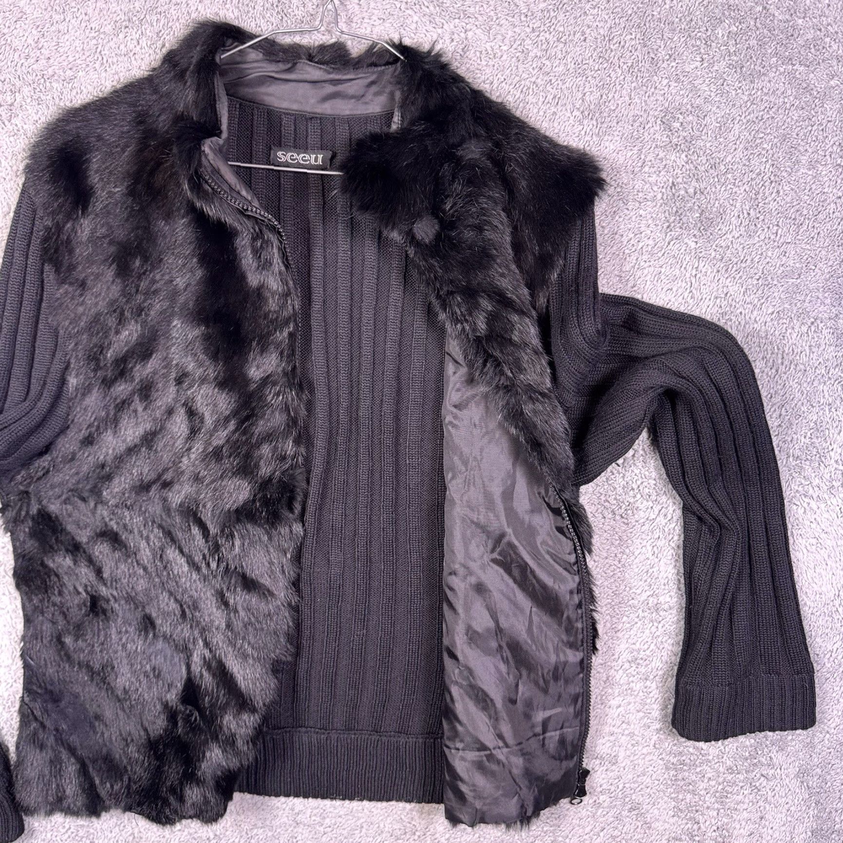Vintage Seeu Jacket Womens S/M Full Zip Wool Knit 100% Rabbit Fur Black Solid Long Sleeve Mid-Length Coat Designer Wool Knit Luxury Size M / US 6-8 / IT 42-44 - 7 Thumbnail