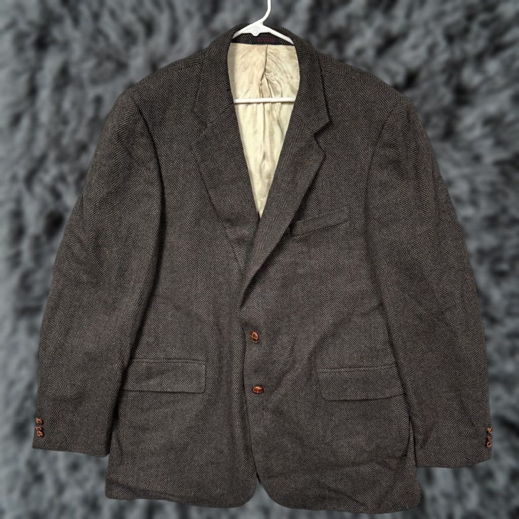Vintage Boston's Trader Sport Coat Mens 46 Brown Wool Herringbone Tweed Blazer Classic Size 46R - 1 Thumbnail