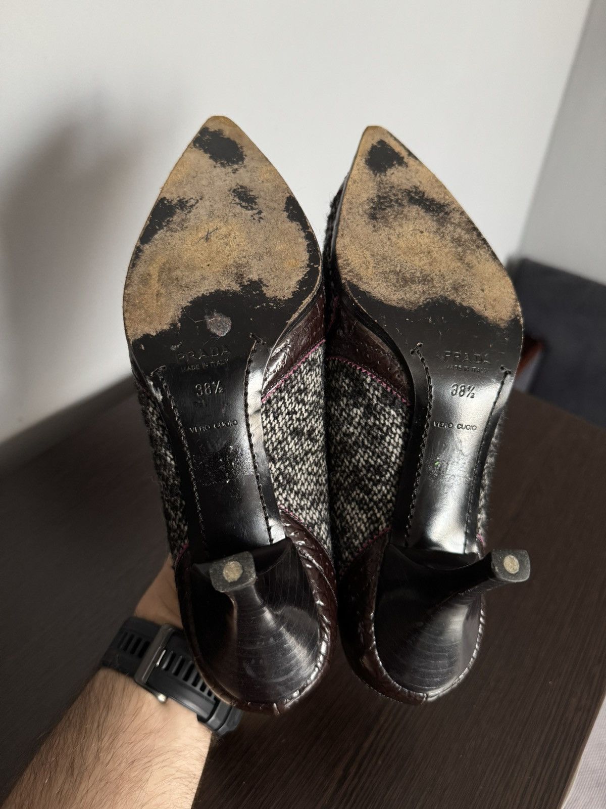 Harris Tweed × Prada Prada Milano tweed and leather heels 38 Size US 8 / IT 38 - 5 Thumbnail
