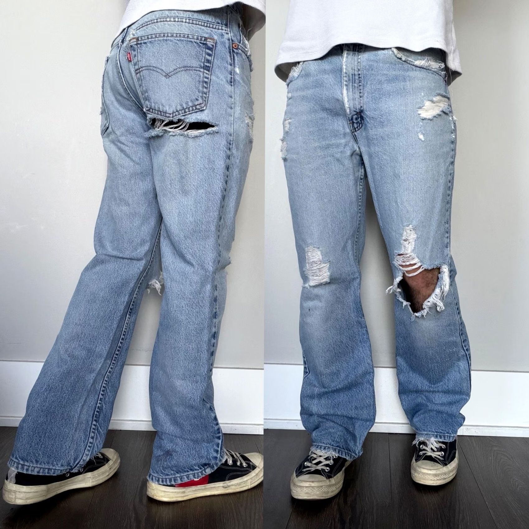 Levi's VINTAGE Levi's 517 Denim Jeans USA Bootcut Light Wash Distressed Thrashed 35x31 Size US 35 - 2 Thumbnail