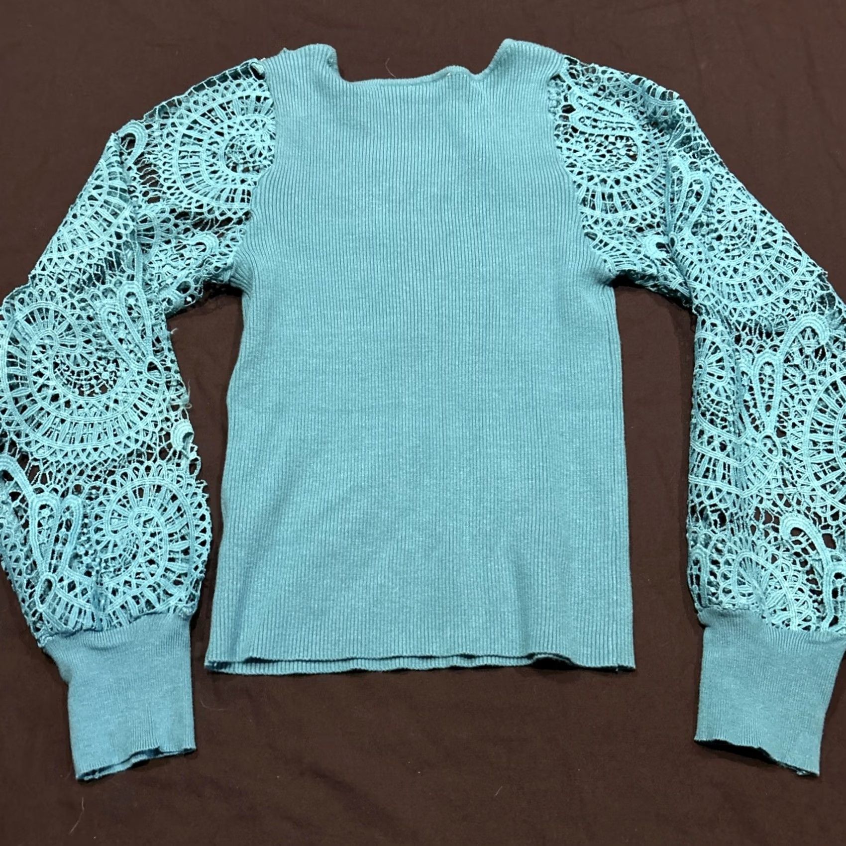 Vintage VINTAGE not | Bibi Blouse | Blouse | L | Teal Blue | Viscose Blend | Puff Sleeve | Crew Neck | Short Sleeve | ZIP Pullover? Size L / US 10 / IT 46 - 4 Thumbnail