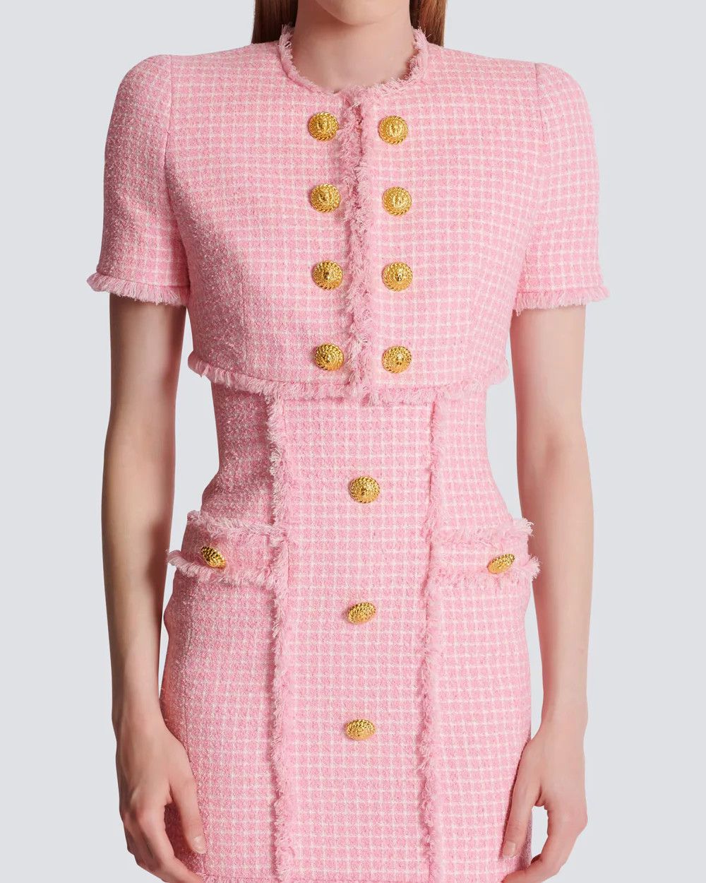 Balmain o1s1wg110125 Tweed Vichy Cropped Jacket in Pink Size S / US 4 / IT 40 - 2 Thumbnail