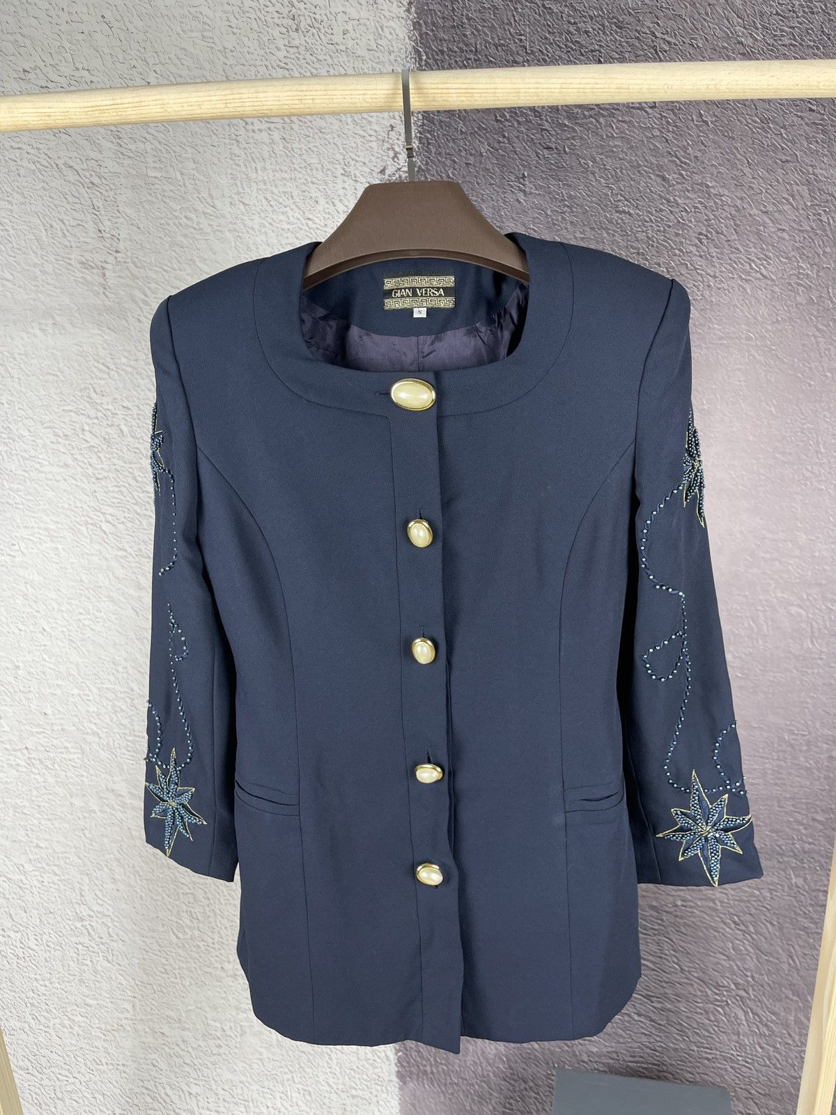 image of Gian Versa Gianni Versace Embroidery Rhinestones Jacket in Blue, Women's (Size Small)