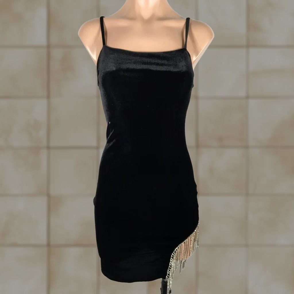 Vintage VINTAGE Wet Seal Dress S Black Velvet Bodycon Cami Rhinestone Fringe 90s Y2K Grunge Womens