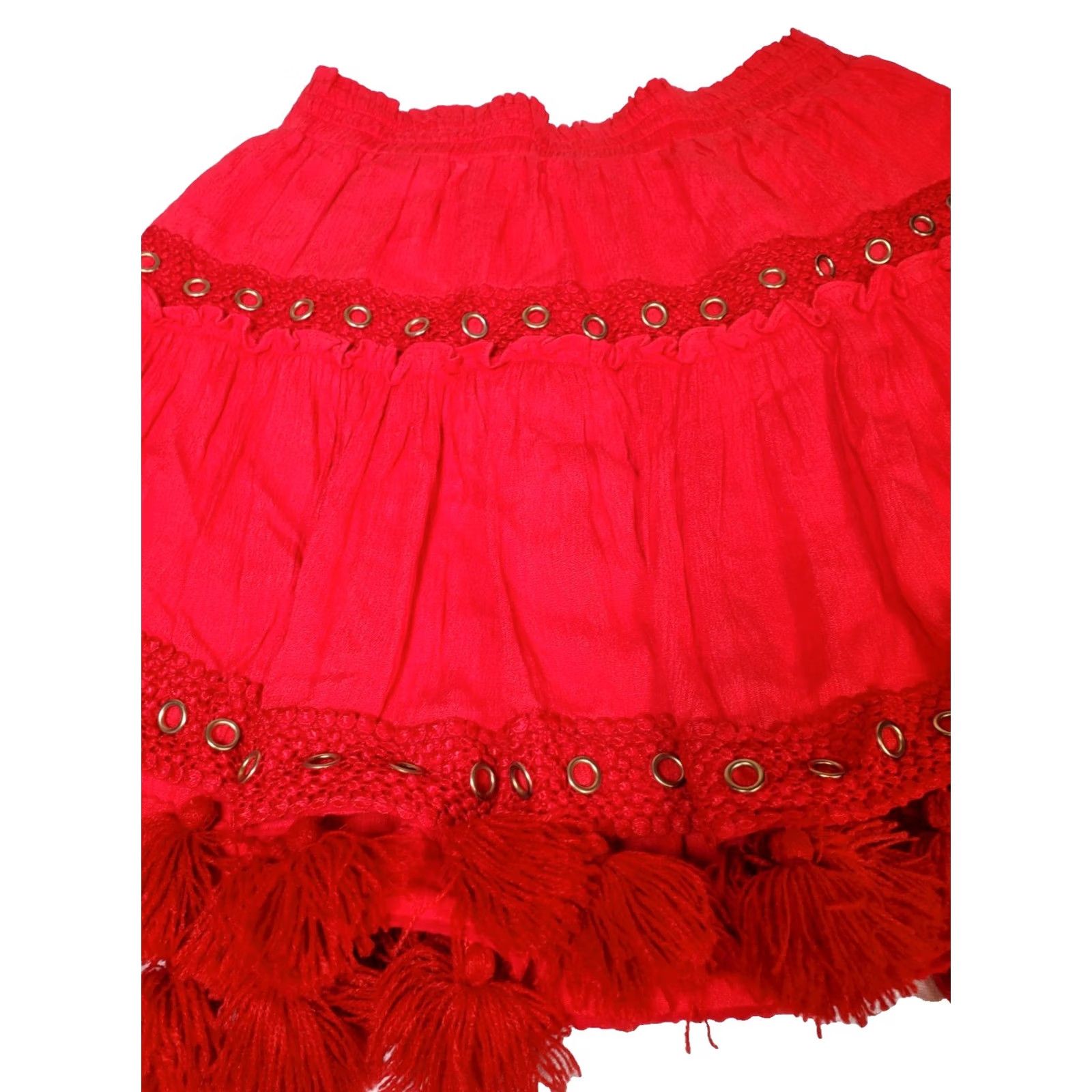 MISA Los Angeles MISA Los Angeles Red Tasseled Fringe Metal Eyelet Tiered Mini Skirt Women's Size M Size 32" / US 10 / IT 46 - 3 Thumbnail