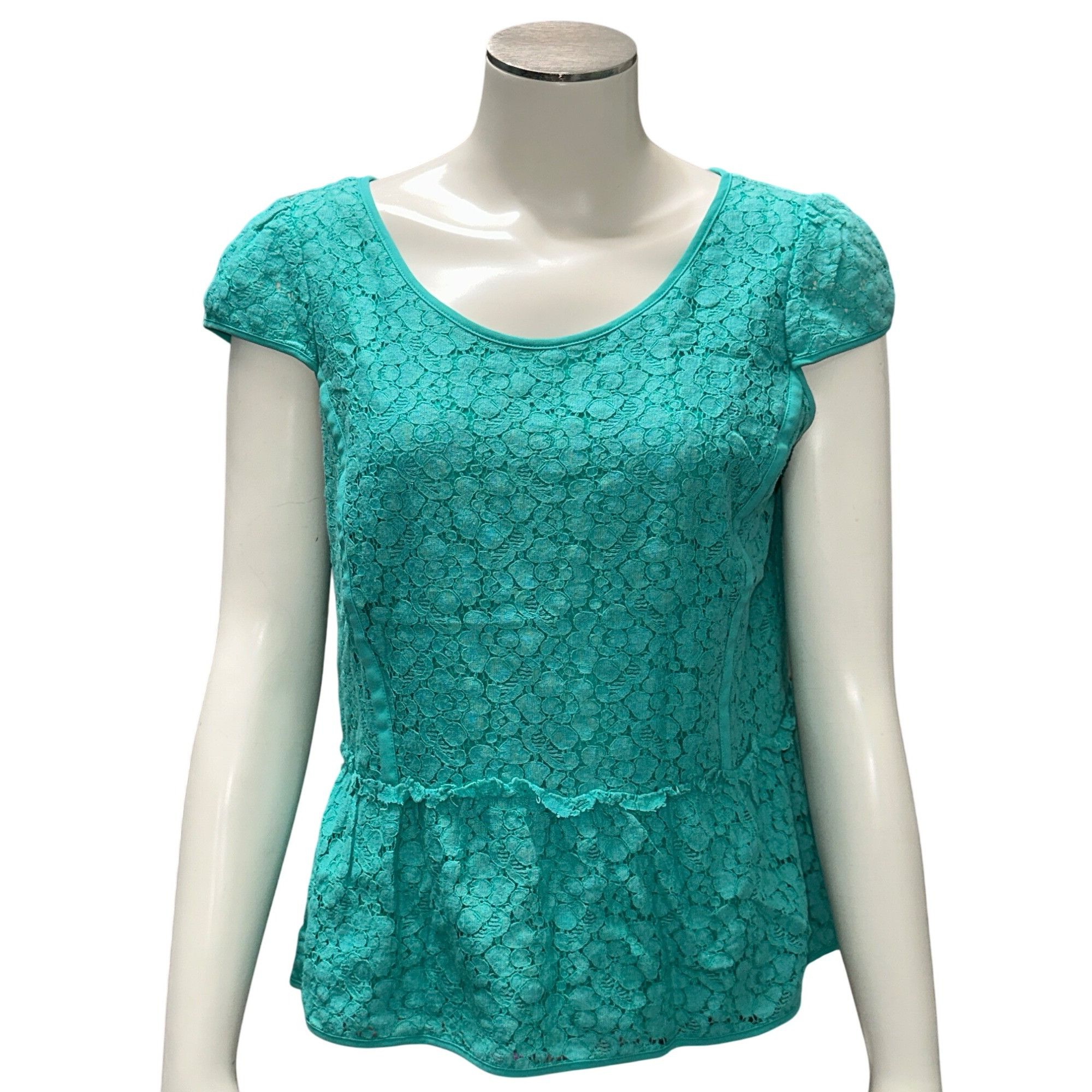 Ann Taylor Ann Taylor Size 4 Turquoise Lace Peplum Blouse Chic Romantic Size S / US 4 / IT 40 - 2 Thumbnail