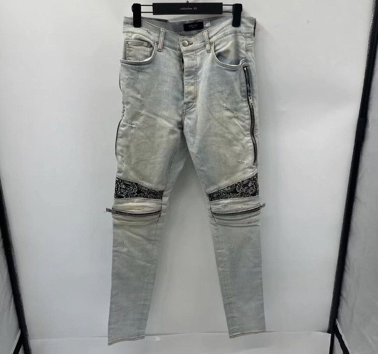 image of Amiri The Latest Blue Cashew Flower Zipper Jeans, Men's (Size 34)