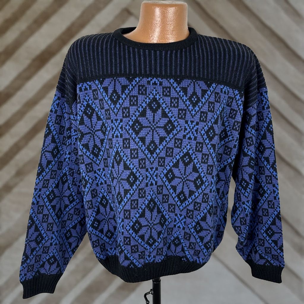 Vintage VINTAGE 80s Fairisle Ski Sweater L Blue Black Knit Retro Mens Size US L / EU 52-54 / 3 - 1 Thumbnail