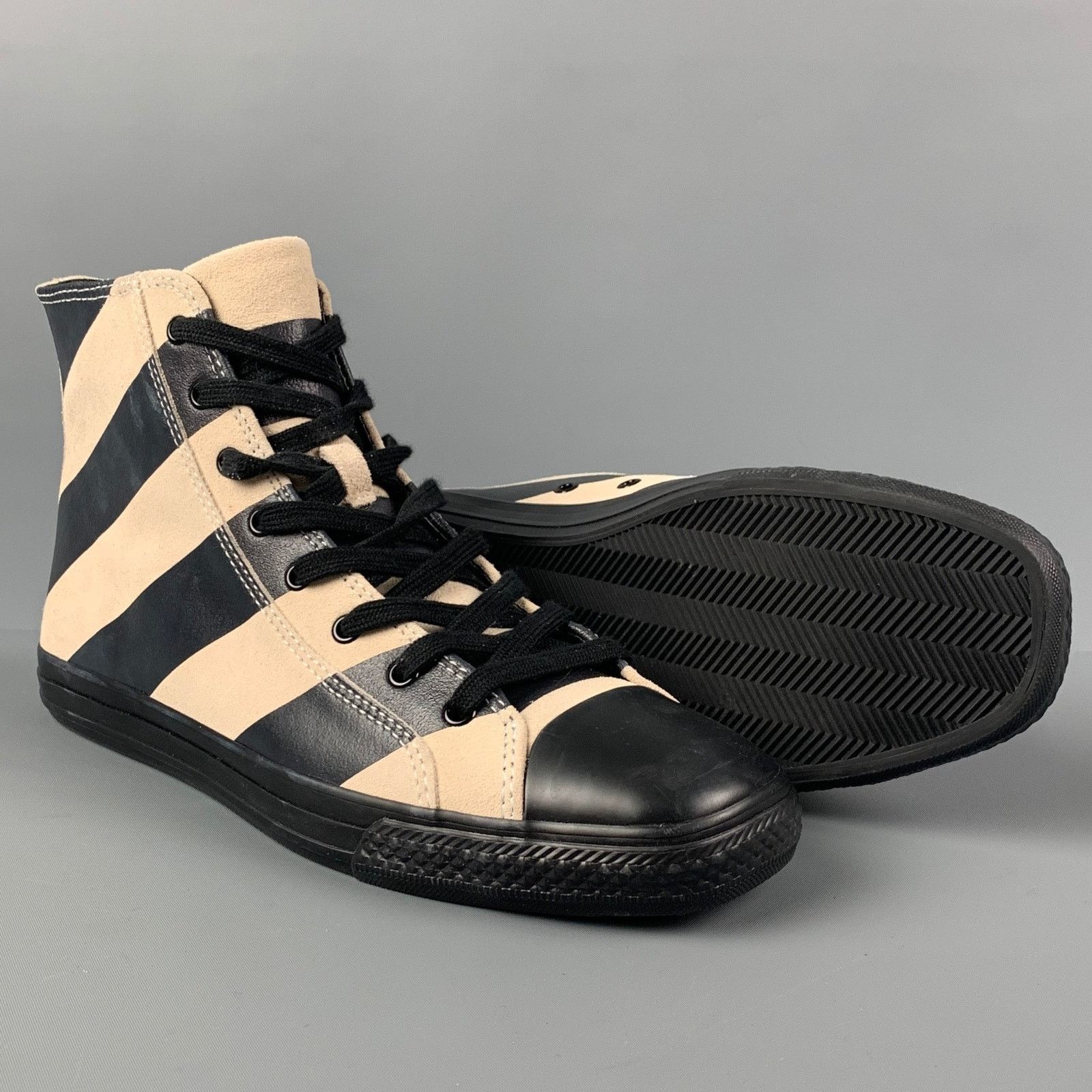 Calvin Klein 205W39NYC Carizma Size 8 Black Beige Stripe Leather High Top Sneakers Size US 8 / EU 41 - 3 Thumbnail