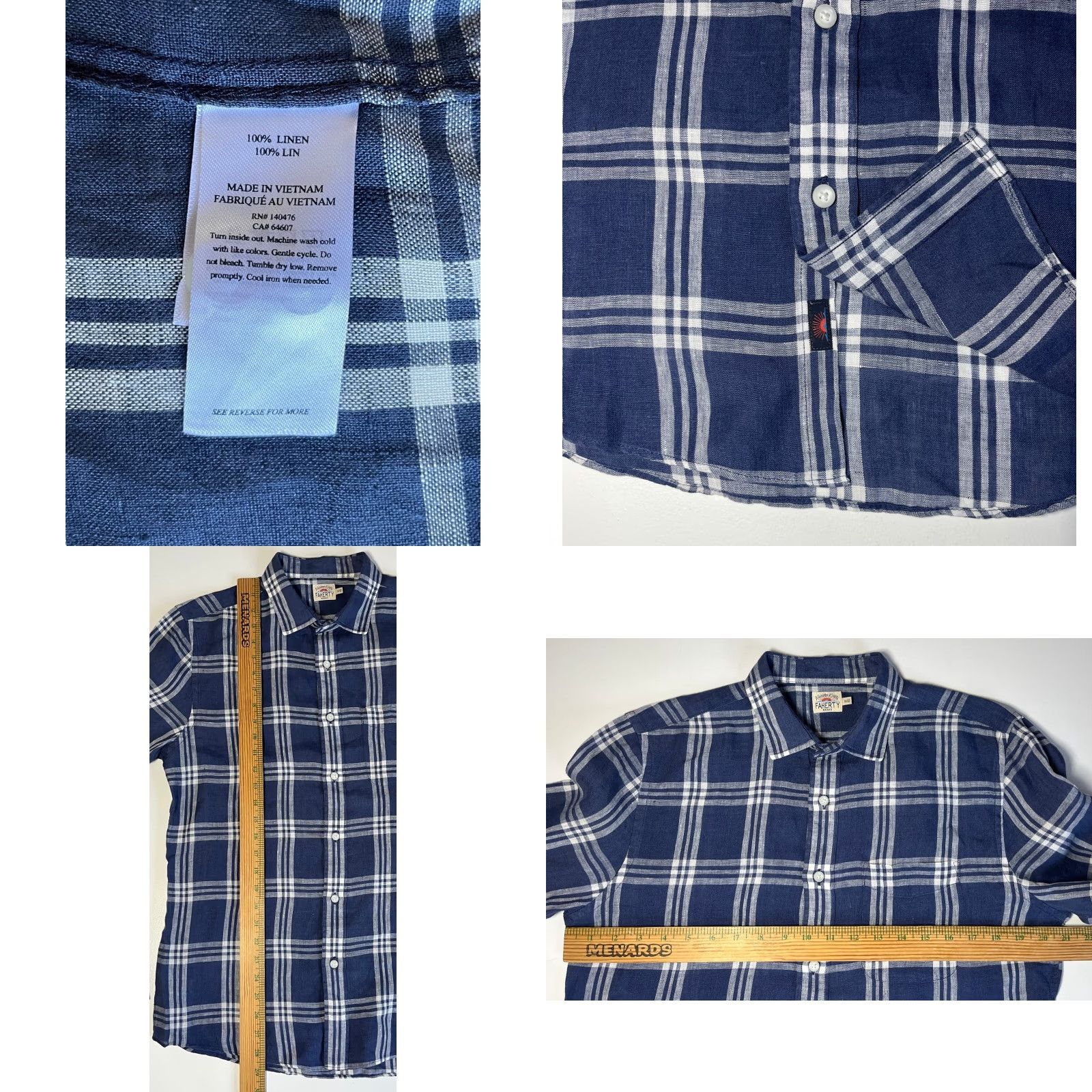 Faherty Faherty Men's Button-Up Linen Shirt Plaid Blue Sz M - Casual, Lightweight, Long Sleeve, Collared, 100% Linen, Regular Fit Size US M / EU 48-50 / 2 - 8 Thumbnail