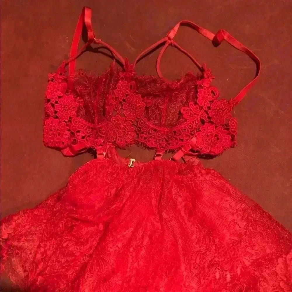 Designer Flirty Red Lace Babydoll Lingerie Set Size ONE SIZE - 3 Thumbnail