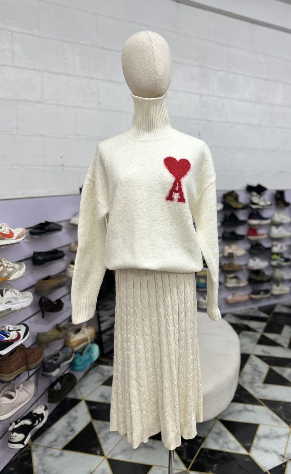 image of Ami Knitted T-Neck Sweater in White, Men's (Size Large)