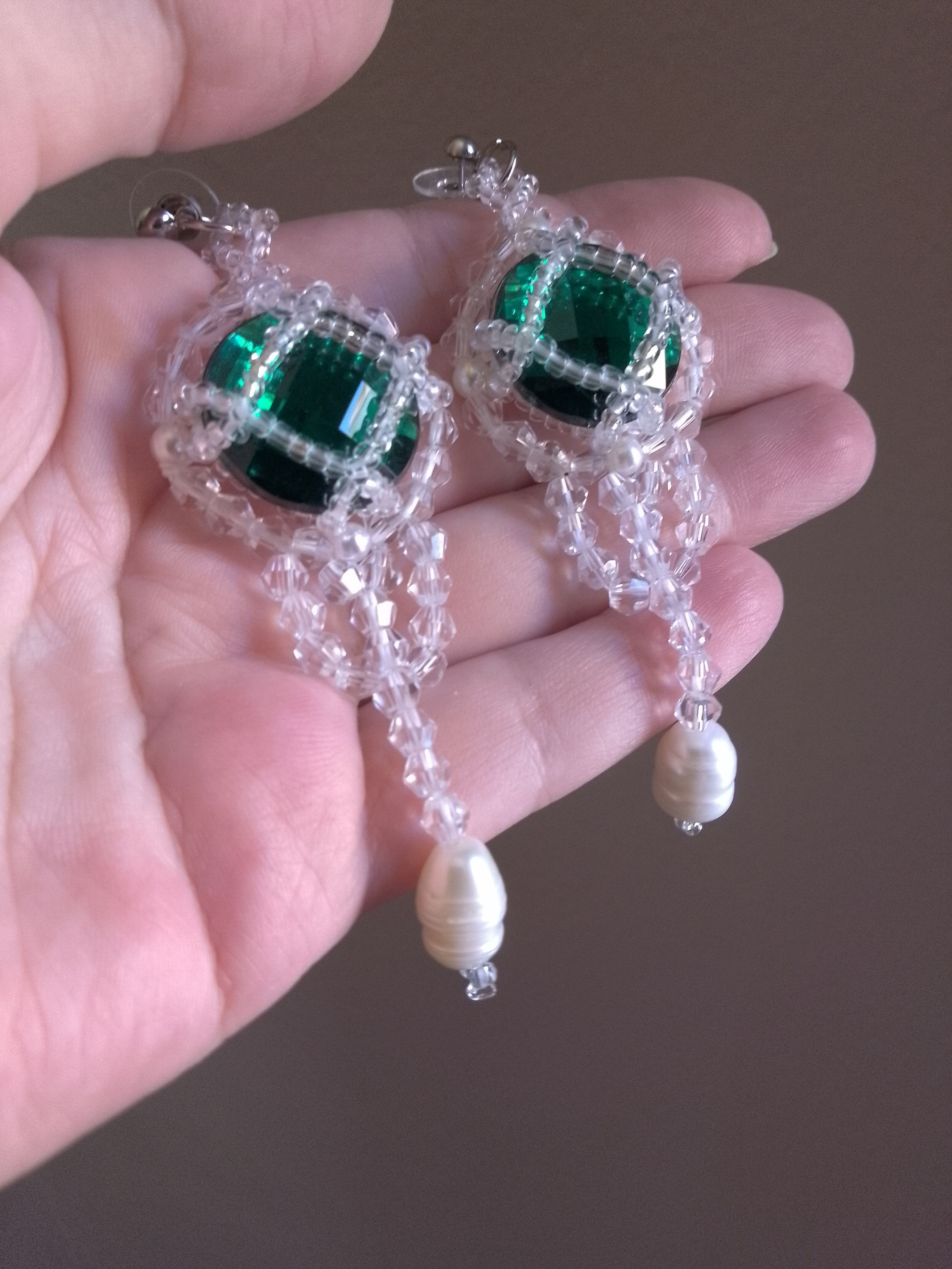 Handmade Chandelier dangle earrings Green zircons freshwater pearls Size ONE SIZE - 5 Thumbnail