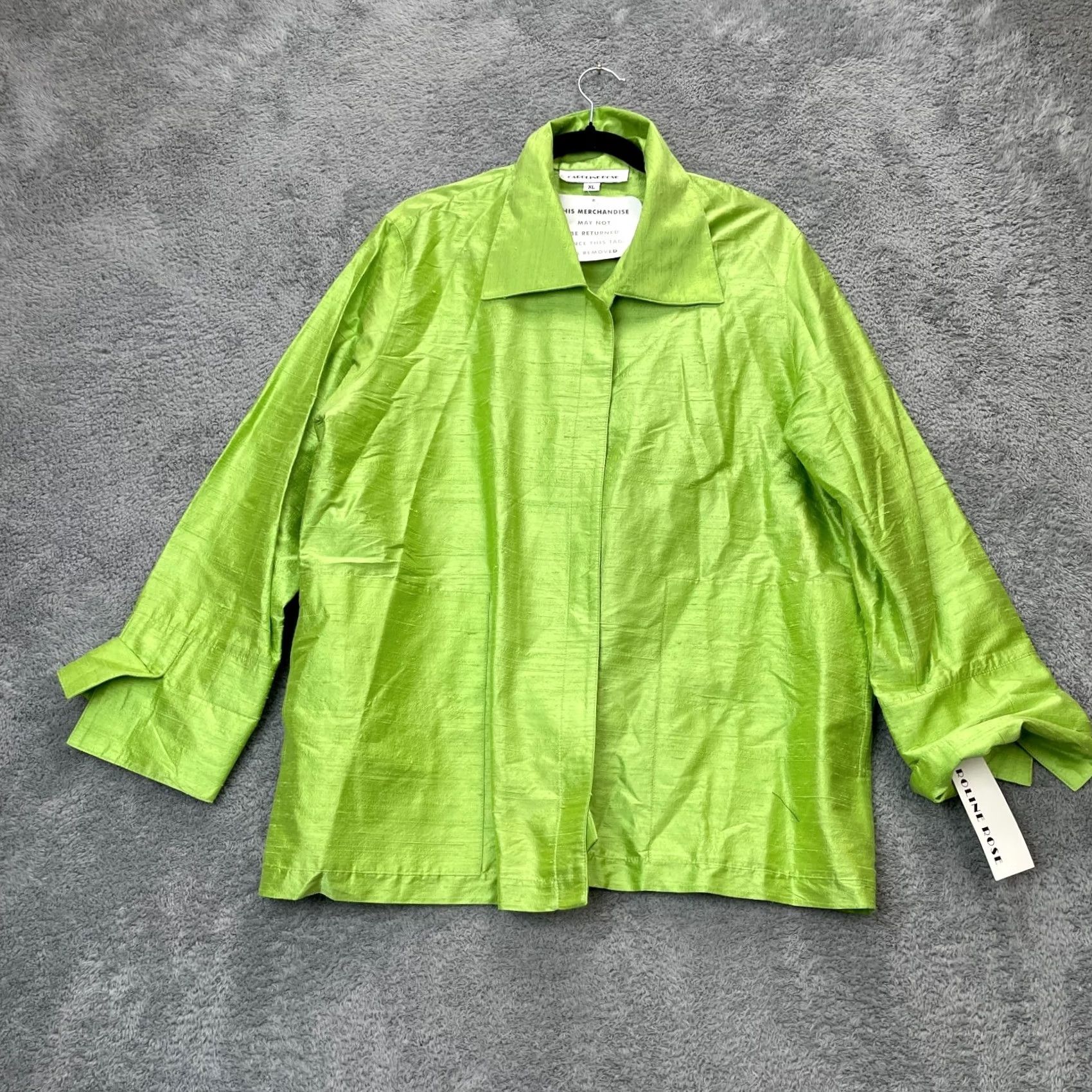 Vintage Caroline Rose Jacket Womens XL Green Silk Open Front Collared Basic Jacket Short Sleeve Casual Daywear Size XL / US 12-14 / IT 48-50 - 4 Thumbnail