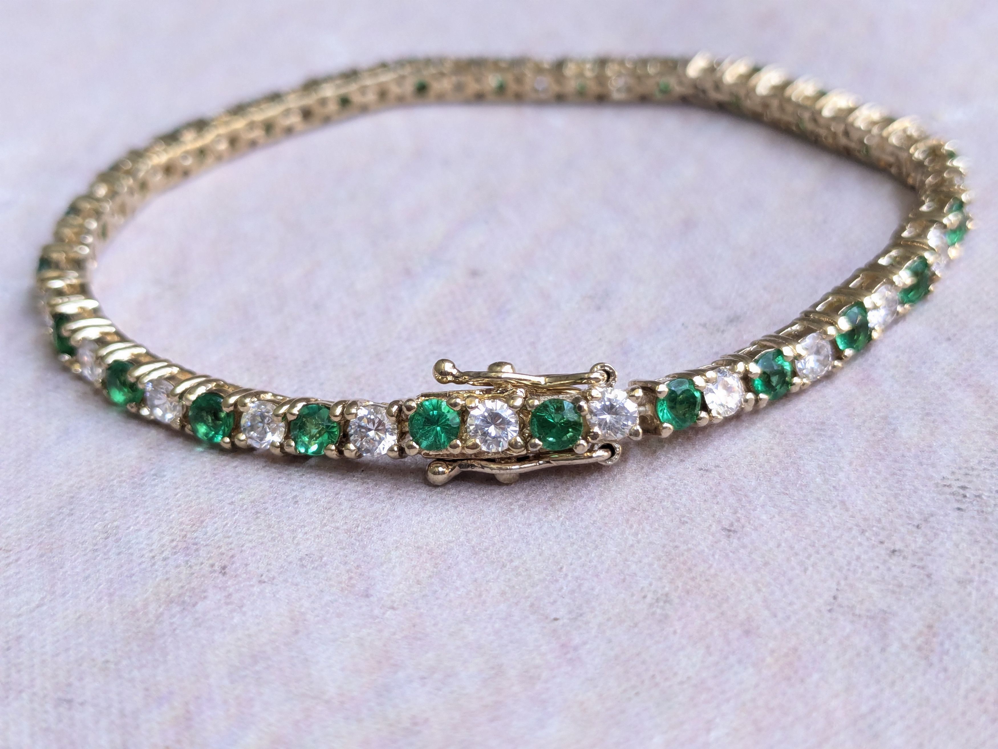 Jewelry Sterling Silver Tennis Bracelet Green Clear CZ Round 7.25 Size ONE SIZE - 3 Thumbnail