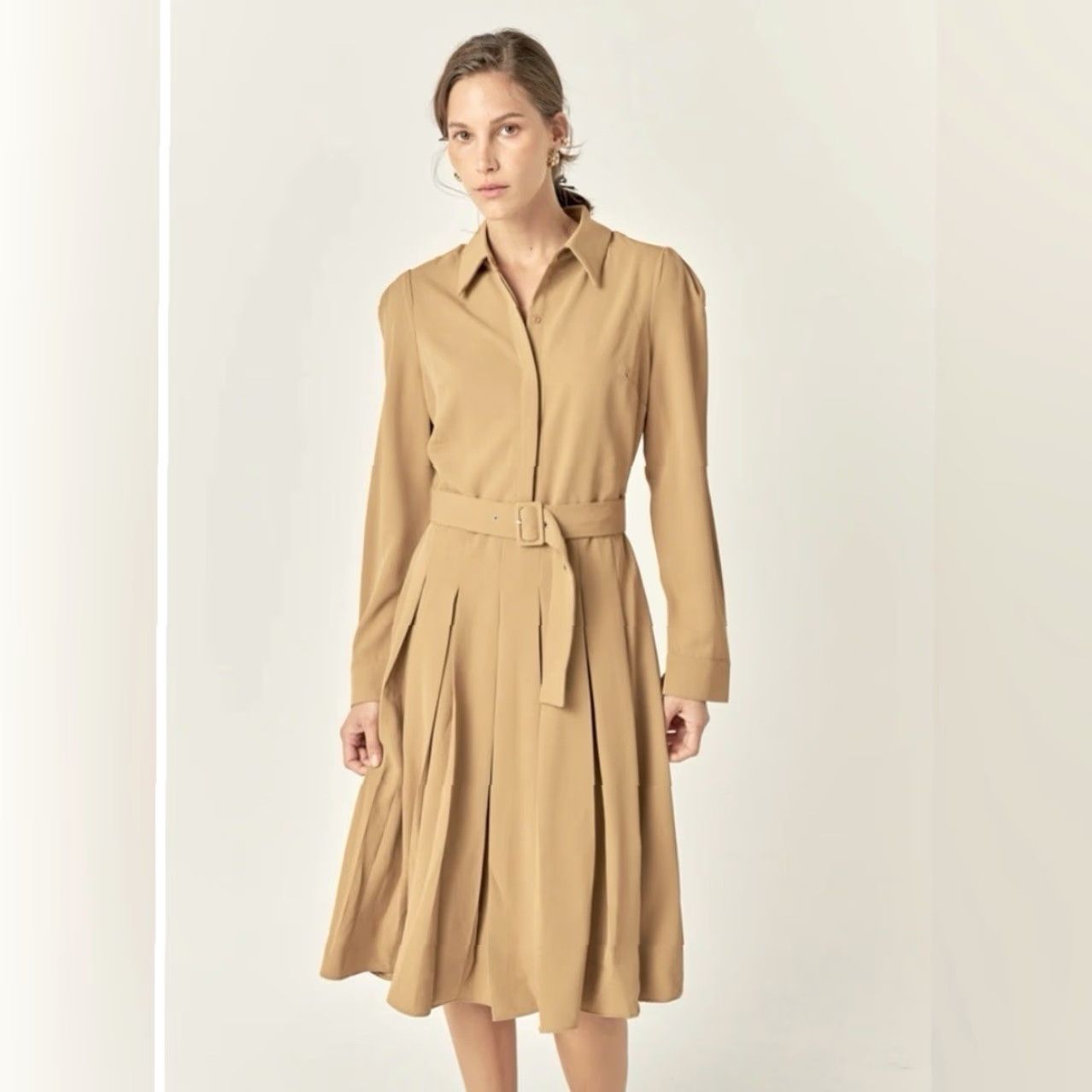 English Factory English Factory Dress Adult S Camel Pleated Collared Long Sleeve Midi Womens Size S / US 4 / IT 40 - 7 Thumbnail