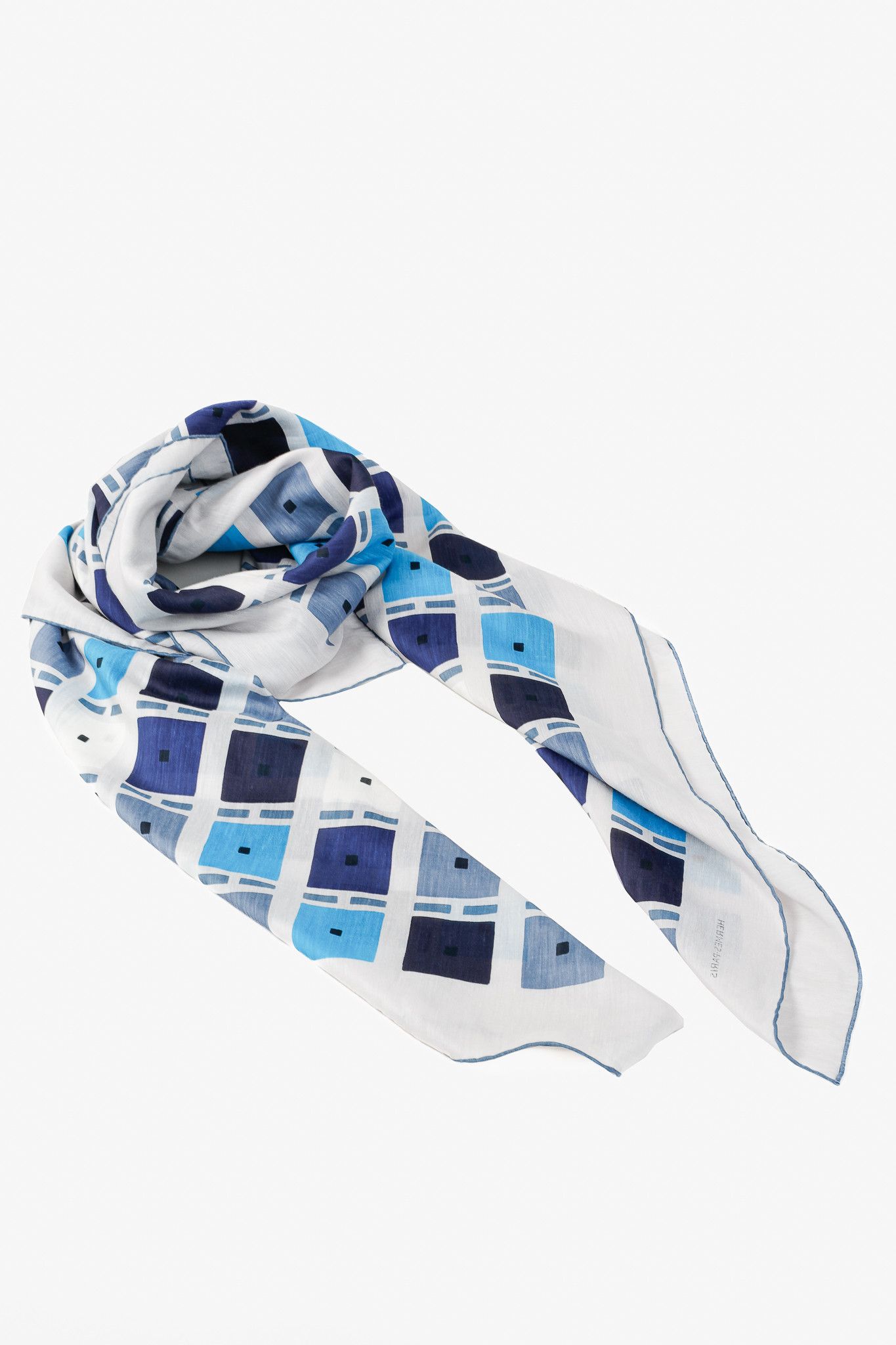 Hermes Hermes 140 White & Blue Cotton-Blend Square-Print Scarf Size ONE SIZE - 1 Thumbnail