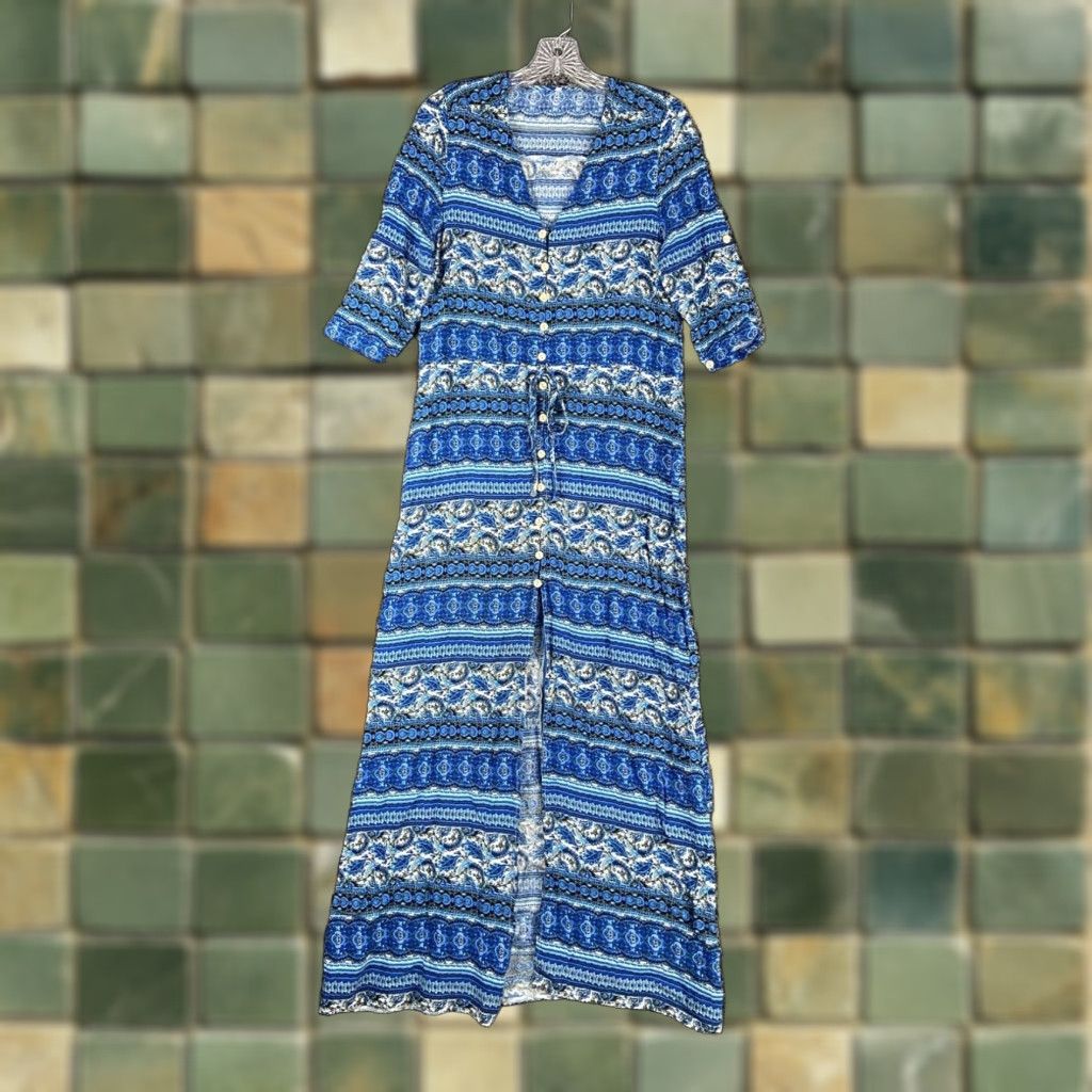 Vintage Bohemian Blue Maxi Dress Women's Medium Short Sleeve Slit Center Womens Size 32" / US 10 / IT 46 - 1 Thumbnail
