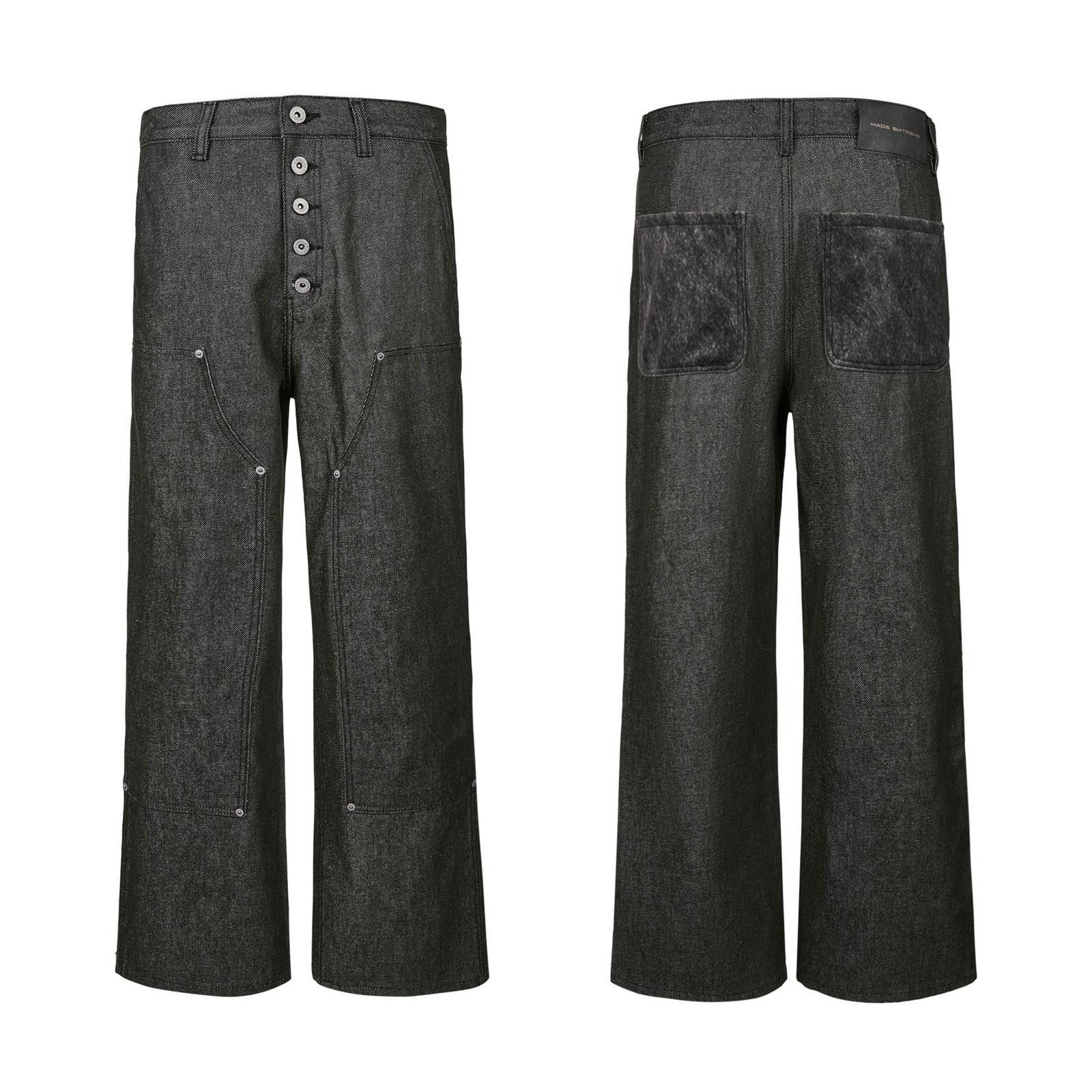 Black Wide Leg Carpenter Pants, Button Fly Workwear