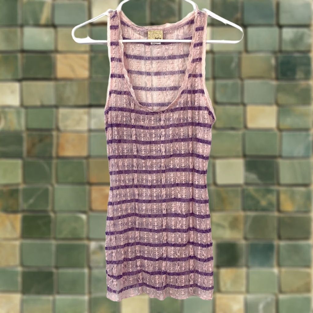 Vintage Daytrip Sheer Lace Tank Top M Pink Striped Coquette Soft Girl Feminine Shirt Womens Size M / US 6-8 / IT 42-44 - 1 Thumbnail