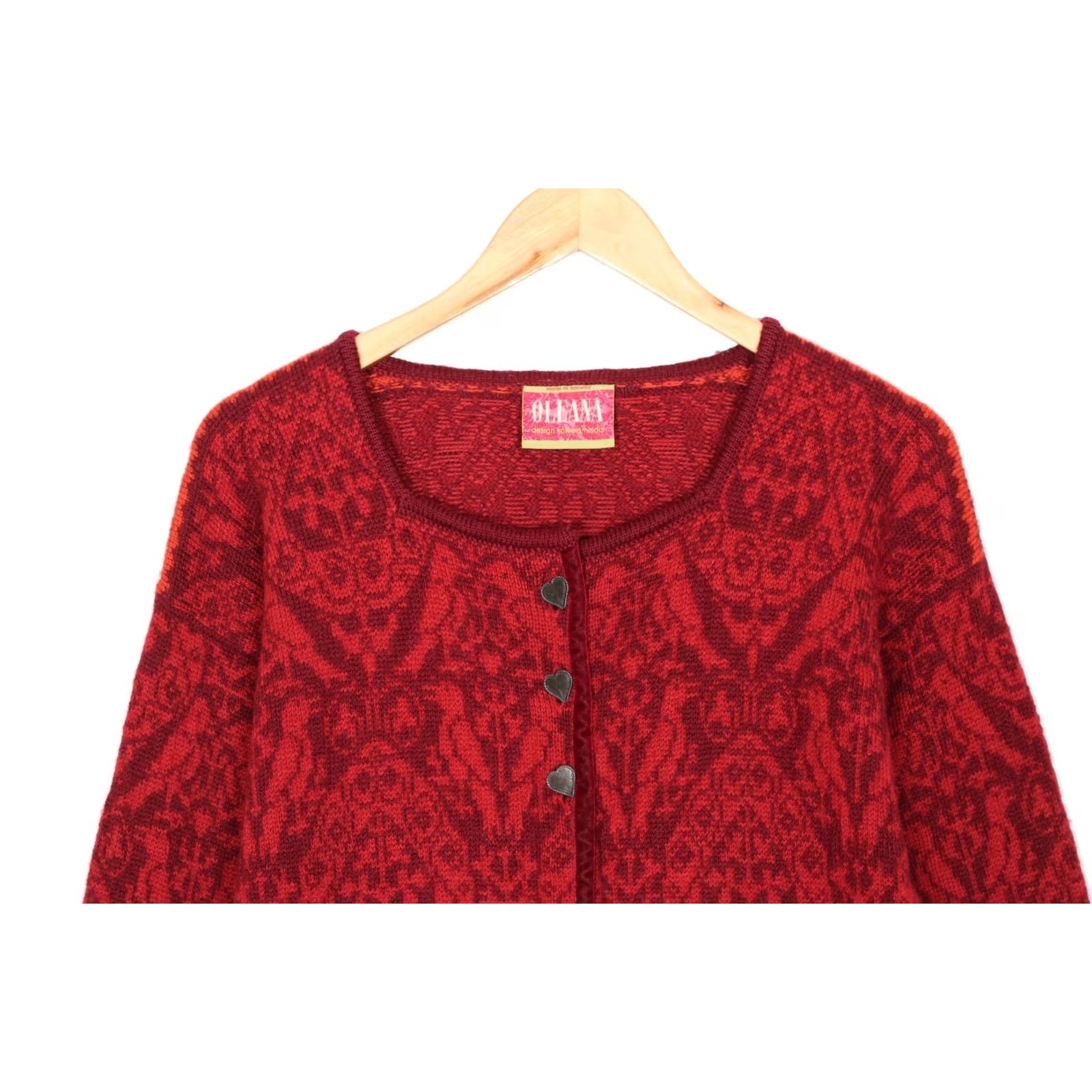 Vintage OLEANA Wool Cardigan Sweater Women Size L Nordic Fair Isle Vintage Red Cardigan Womens L, Red, Knitted Wool, Crew Neck, Button, 90s VR2471 Size L / US 10 / IT 46 - 3 Thumbnail