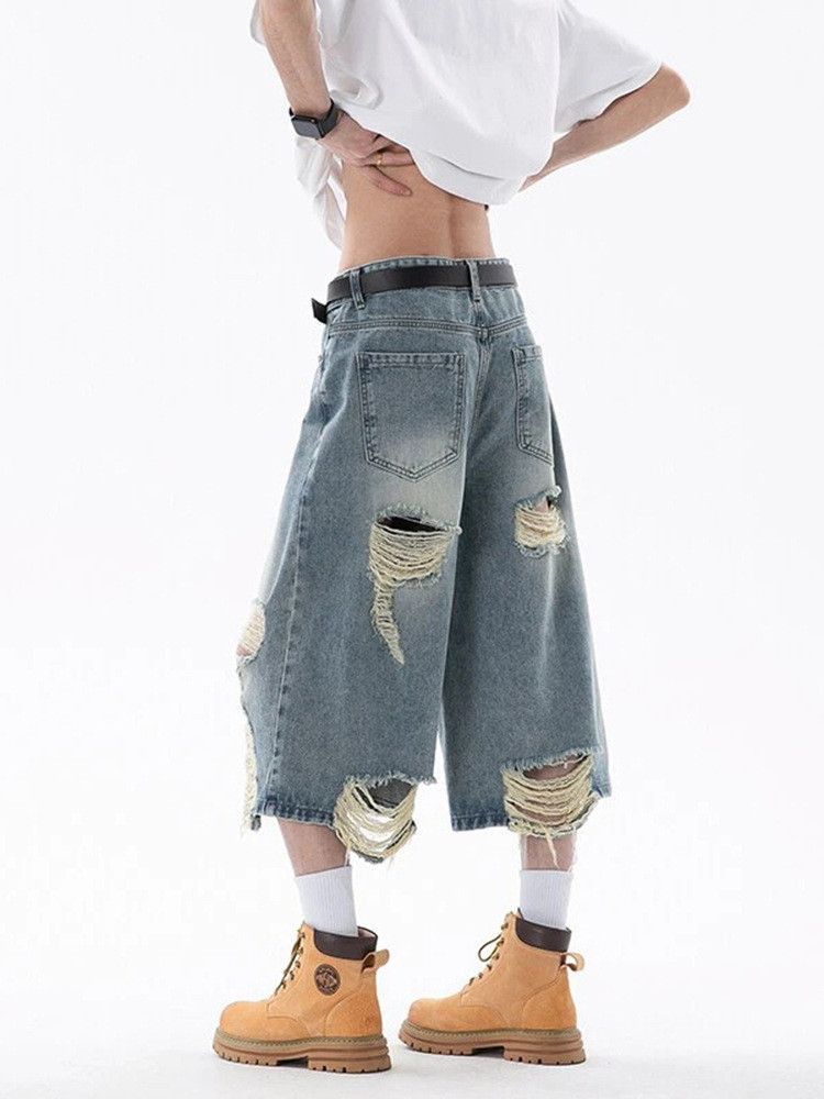 Vintage Men's Retro Blue High-Waisted Distressed Denim Shorts Size US 32 / EU 48 - 5 Thumbnail