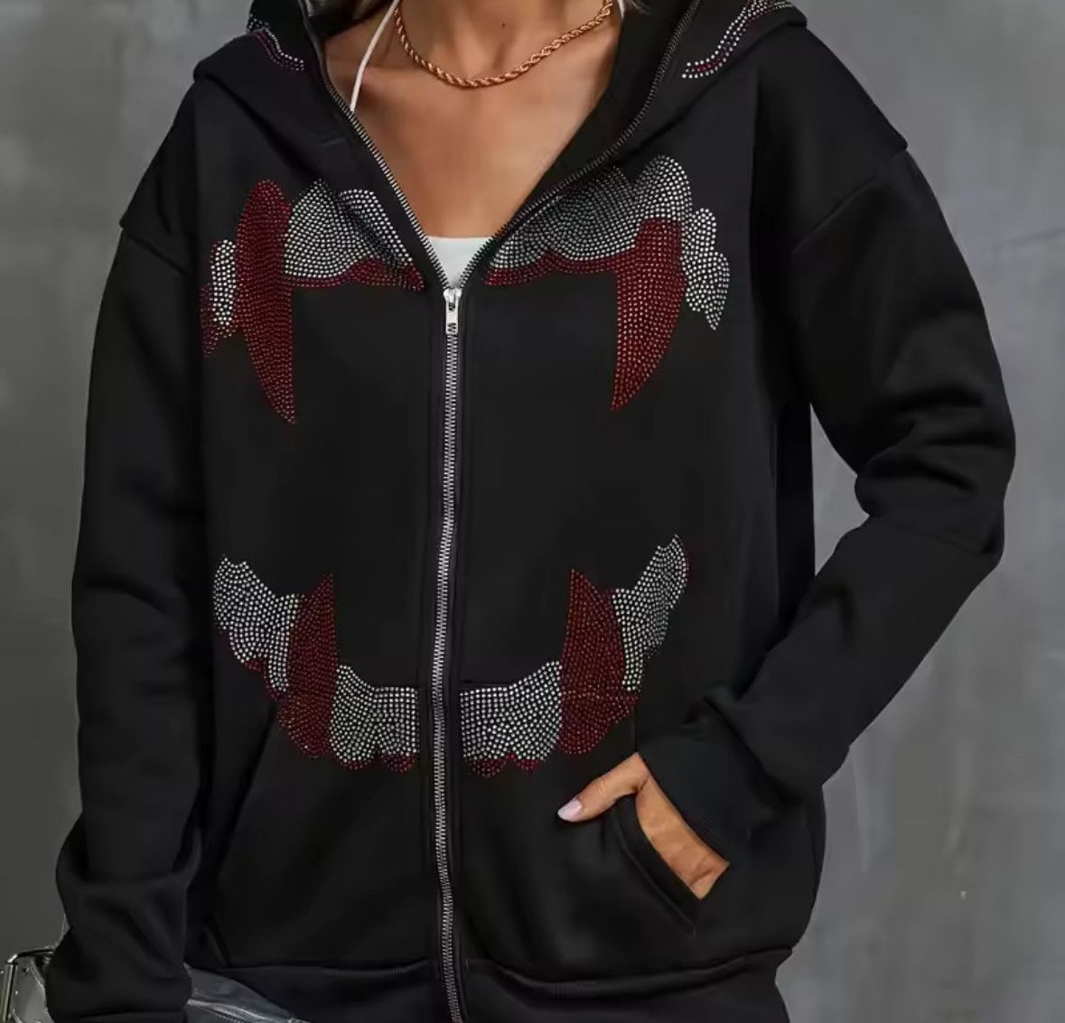 Other Autumn Fashion Punk Y2K Goth Grunge Rhinestones Teeth Hoodie Size US L / EU 52-54 / 3 - 4 Thumbnail
