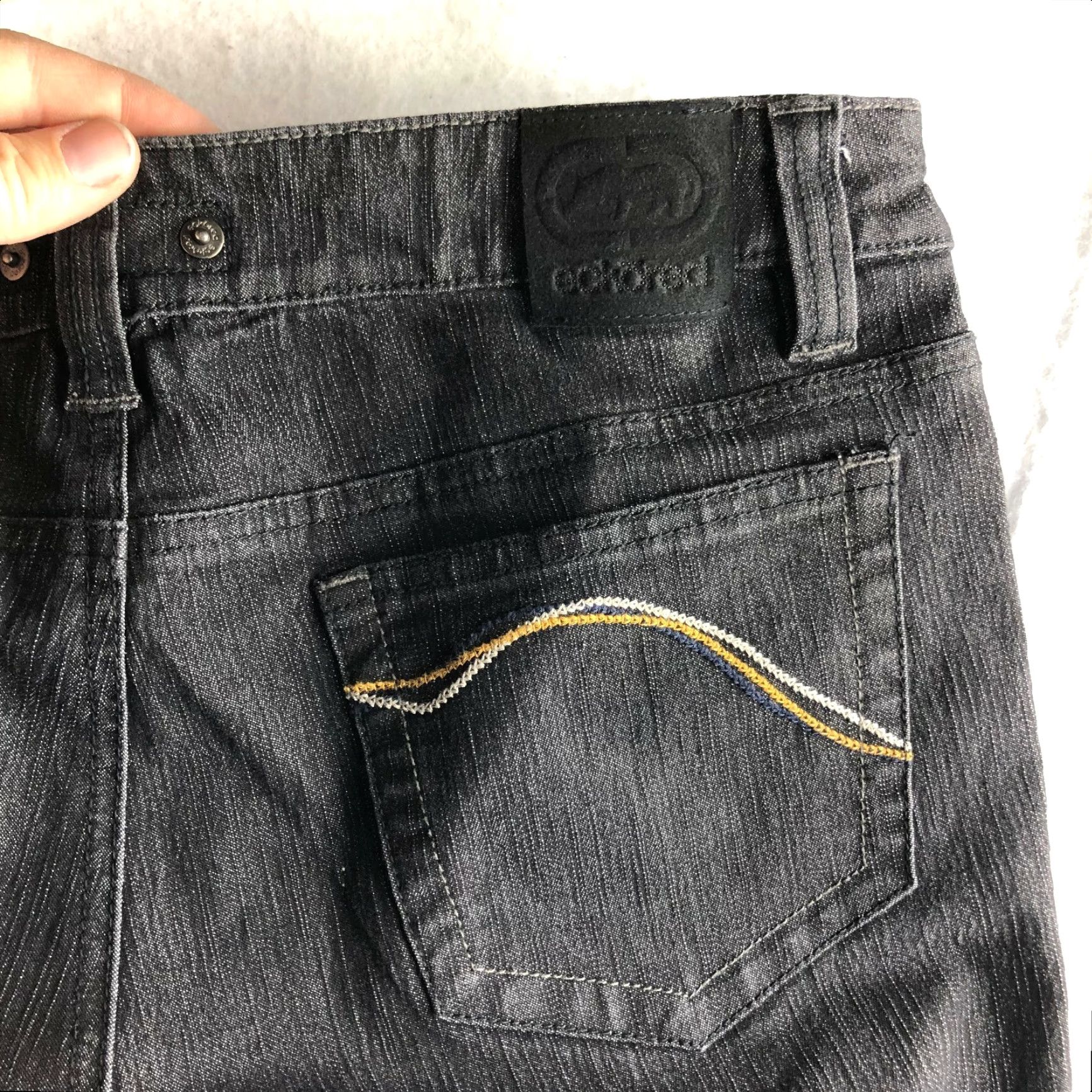 Denime Ecko Red Jeans Womens Size 11 Black Denim Straight Leg Mid Rise Regular Inseam 29.5in — Cotton Denim Jeans, Zip, Logo, Dark Wash, Pre-owned Size 32" / US 10 / IT 46 - 6 Thumbnail