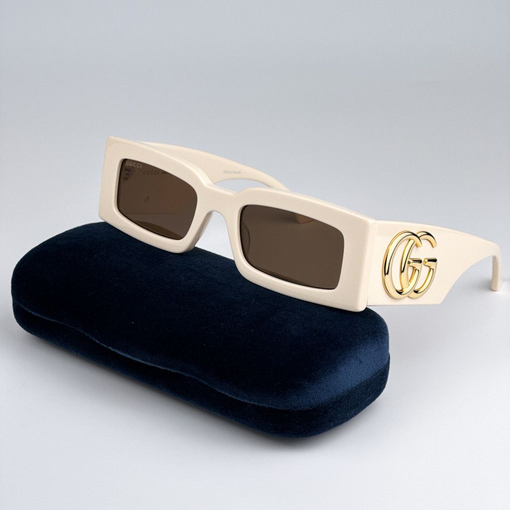 image of New Gucci Gg1425S 004 Rectangle Unisex Sunglasses GG 1425S in Ivory/Brown, Women's