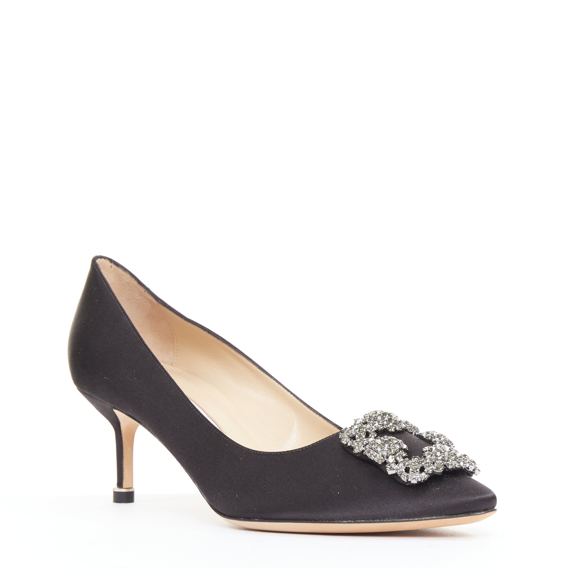 Manolo Blahnik MANOLO BLAHNIK Hangisi black satin crystal brooch buckle heeled pumps EU38 Size US 8 / IT 38 - 1 Thumbnail