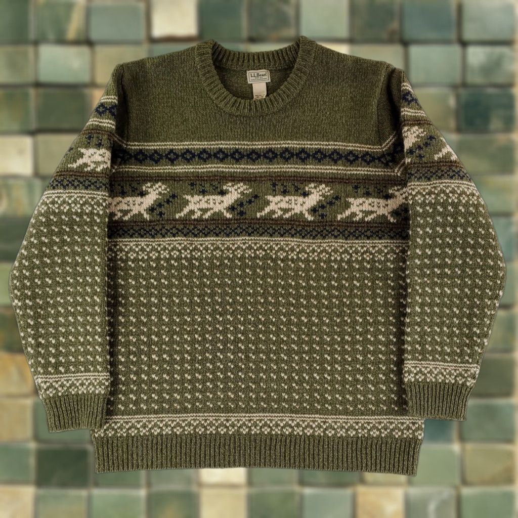 VINTAGE? LL Bean Sweater Nordic Lambs Wool Reindeer Green Crew Neck Mens XXL Tall NWT