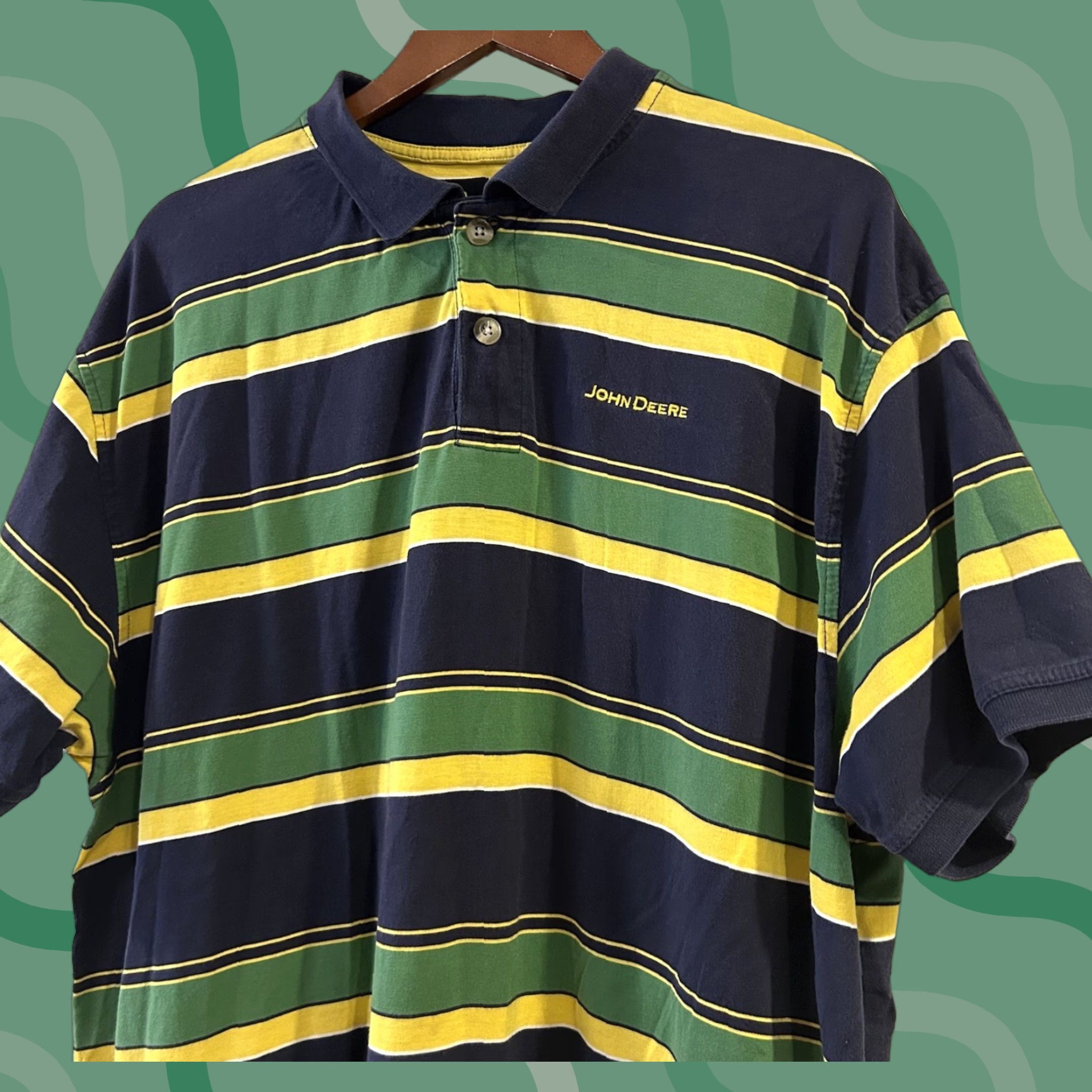 John Deere VINTAGE John Deere Polo Shirt Mens 2XL Short Sleeve Green Blue Yellow Stripe Cotton Casual Travel Tractor Mens Size US XXL / EU 58 / 5 - 1 Thumbnail