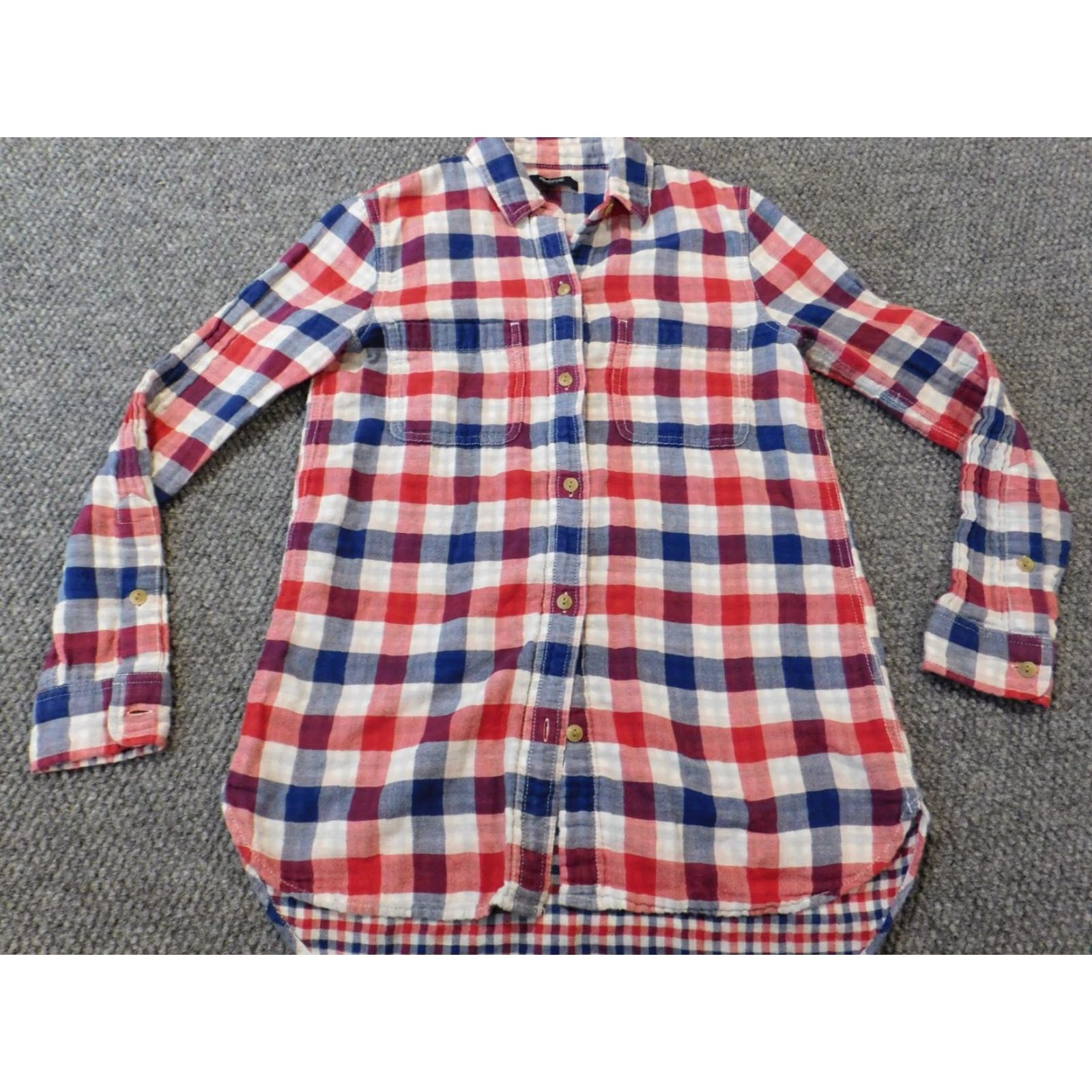 Madewell Madewell Womens Blouse 2XS Red Plaid Button-Up Crew Neck Long Sleeve Casual Ruffle Cotton Rayon Classic Modern Regular Womens Size XXS / US 00 / IT 34 - 3 Thumbnail