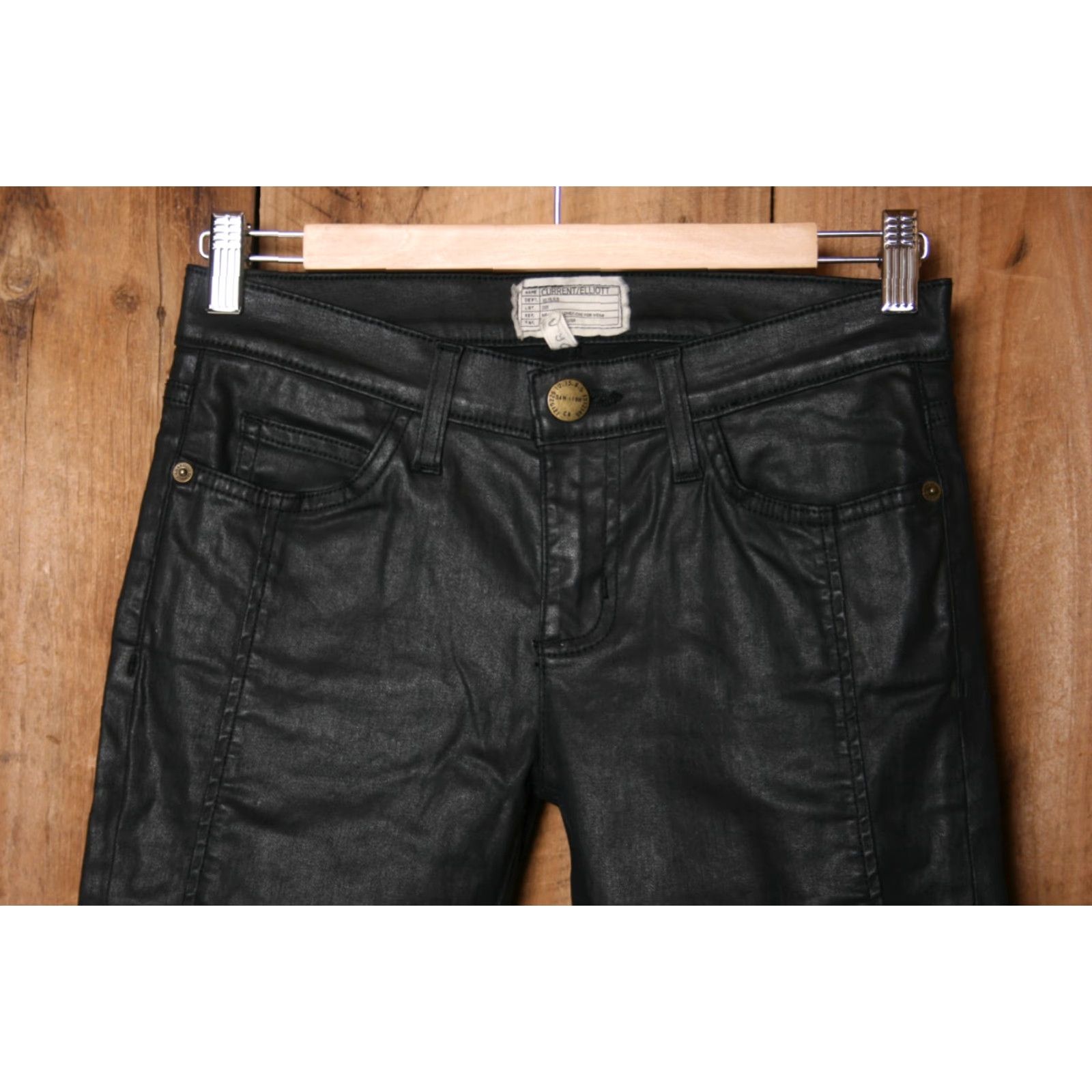 Vintage Current/Elliott The Sweeney Coated Black Stretch Skinny Moto Jeans Sz 26 Women Size 26" / US 2 / IT 38 - 2 Thumbnail