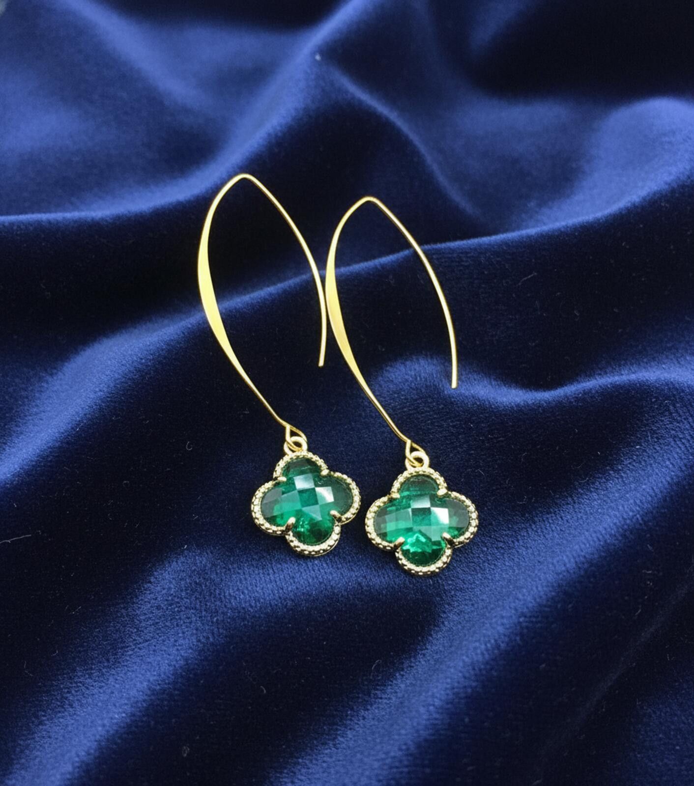 Other Gold-Tone Drop Earrings with Green Clover-Shaped Gem Size ONE SIZE - 1 Preview