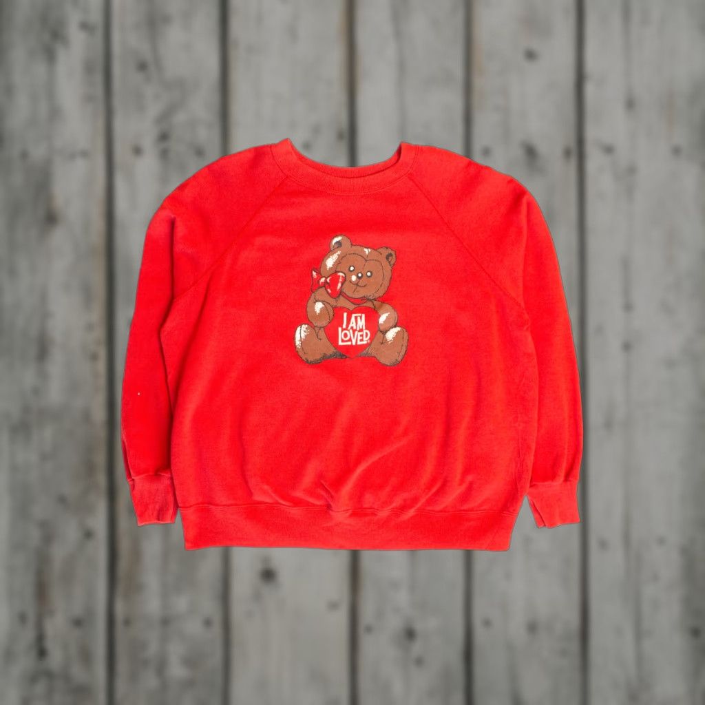Vintage Vintage Bassett-Walker I Am Loved Teddy Bear Sweatshirt Shirt Large Red 1980s USA Mens Size US L / EU 52-54 / 3 - 1 Thumbnail